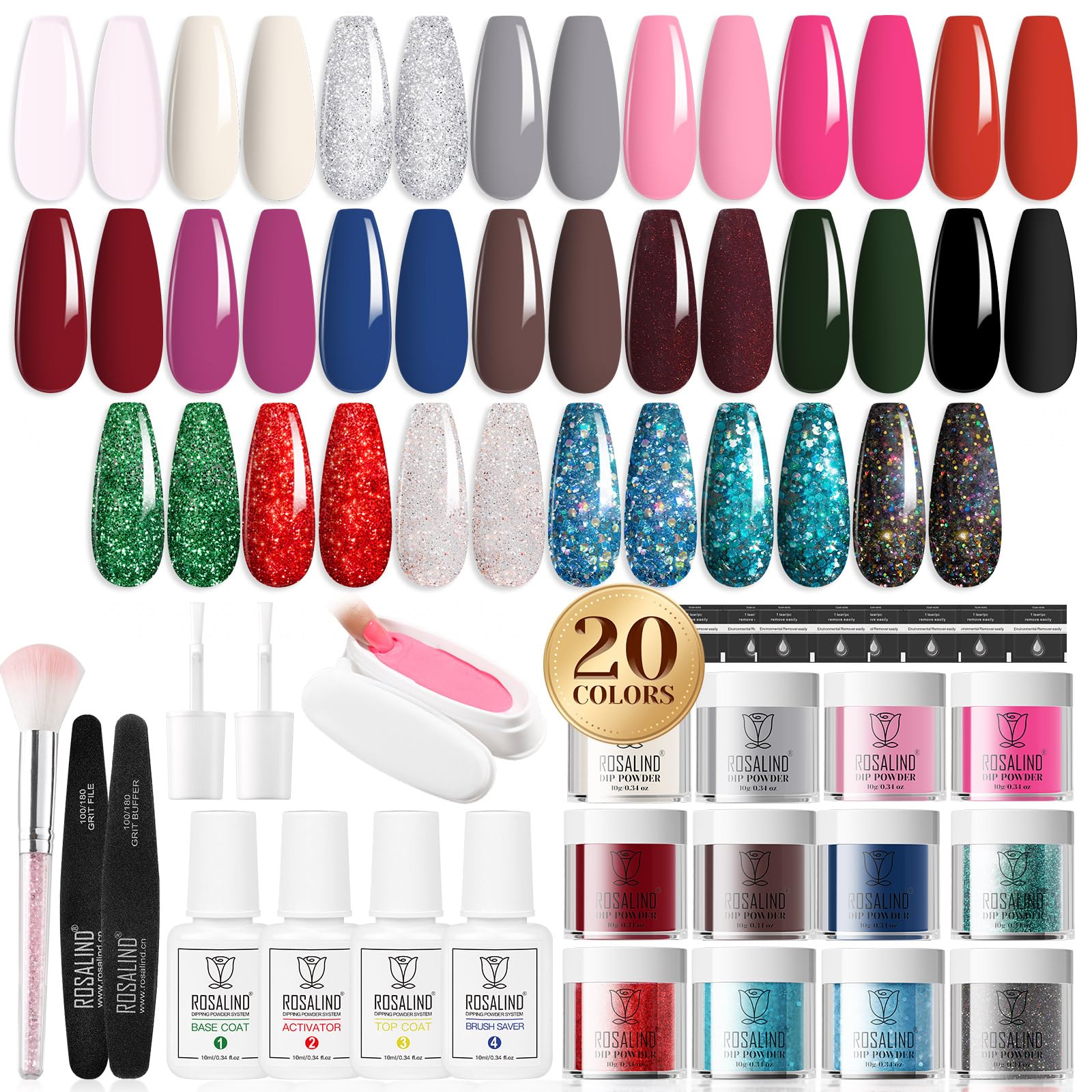 ROSALIND 29PCS Dip Nails Powder Starter Kit, 20 Colors Dip Powder Nail Kit White Red Green Glitter Series Nail Dip Powder Colors Set with Base & Top Coat, Brush Restorer and Activator Kit-image-34