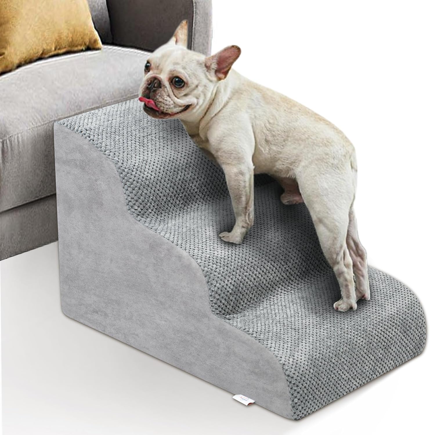 Dog Stairs for Small Dogs - High Density Foam Dog Ramp, Extra Wide Pet Steps with Non-Slip Bottom for High Beds, Couche and Sofa, Best for Dogs Injured, Older Doggy Cats (Grey, 3 Steps) Fleece-Gray 3 Steps