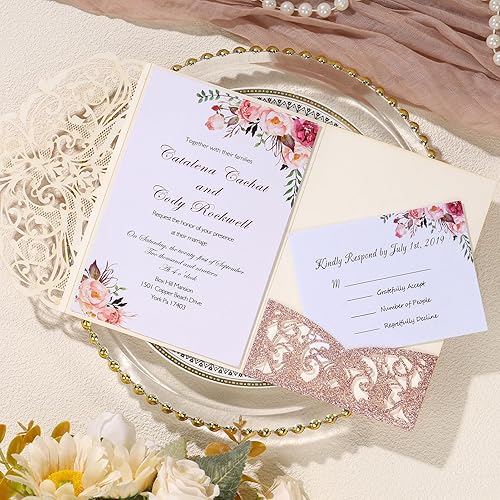 Miniatura 5 de 25 invitaciones de boda con purpurina de 250 GSM con tres pliegues con tarjetas de confirmación y sobres para boda, compromiso, despedida de