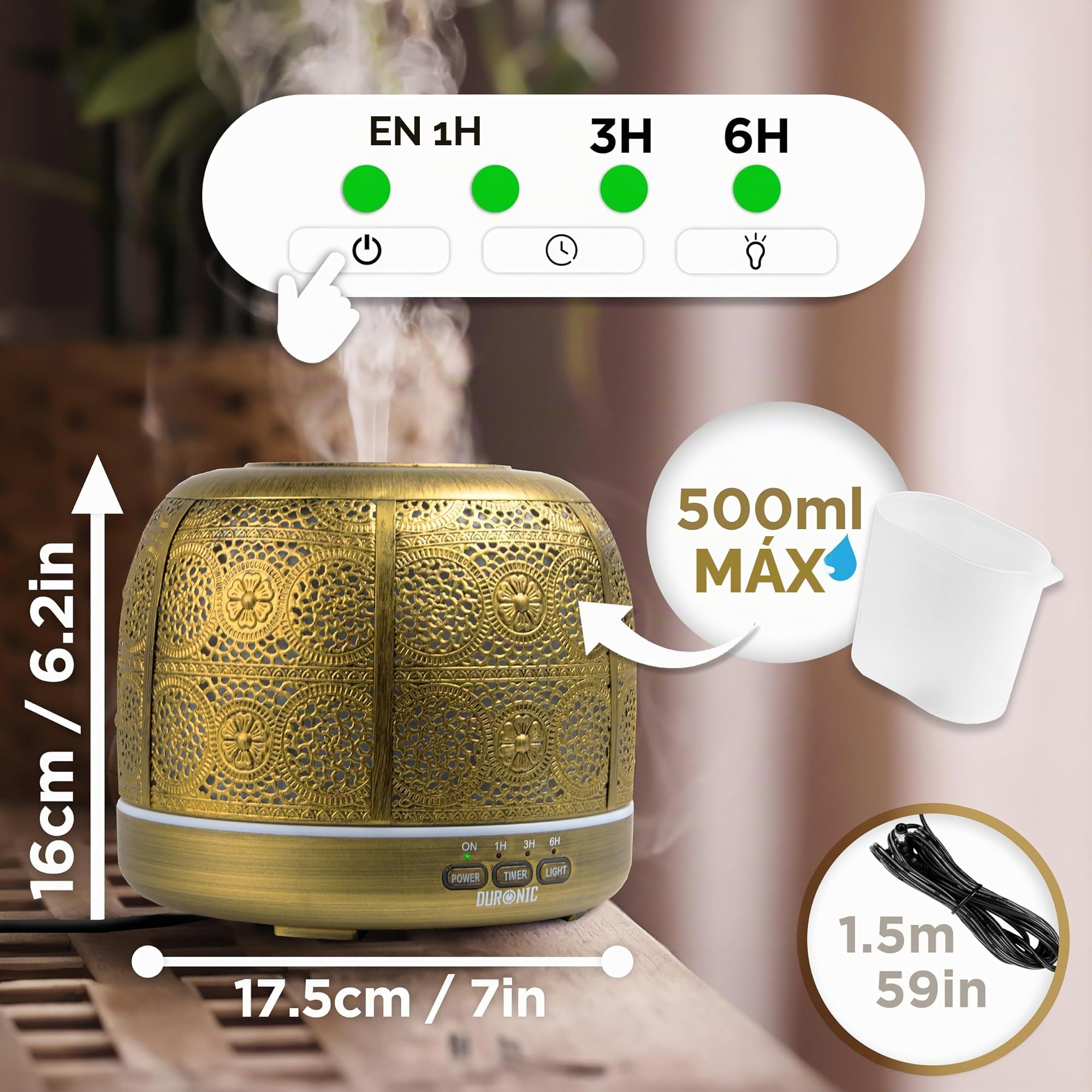 Duronic AD43 Difusor de Aromas y Brumizador de Aceites Esenciales, 500ml | Carga USB, Portátil, Purificador de Aire Natural, Aromaterapia, para Hogar, Bienestar, Relajación y Descanso