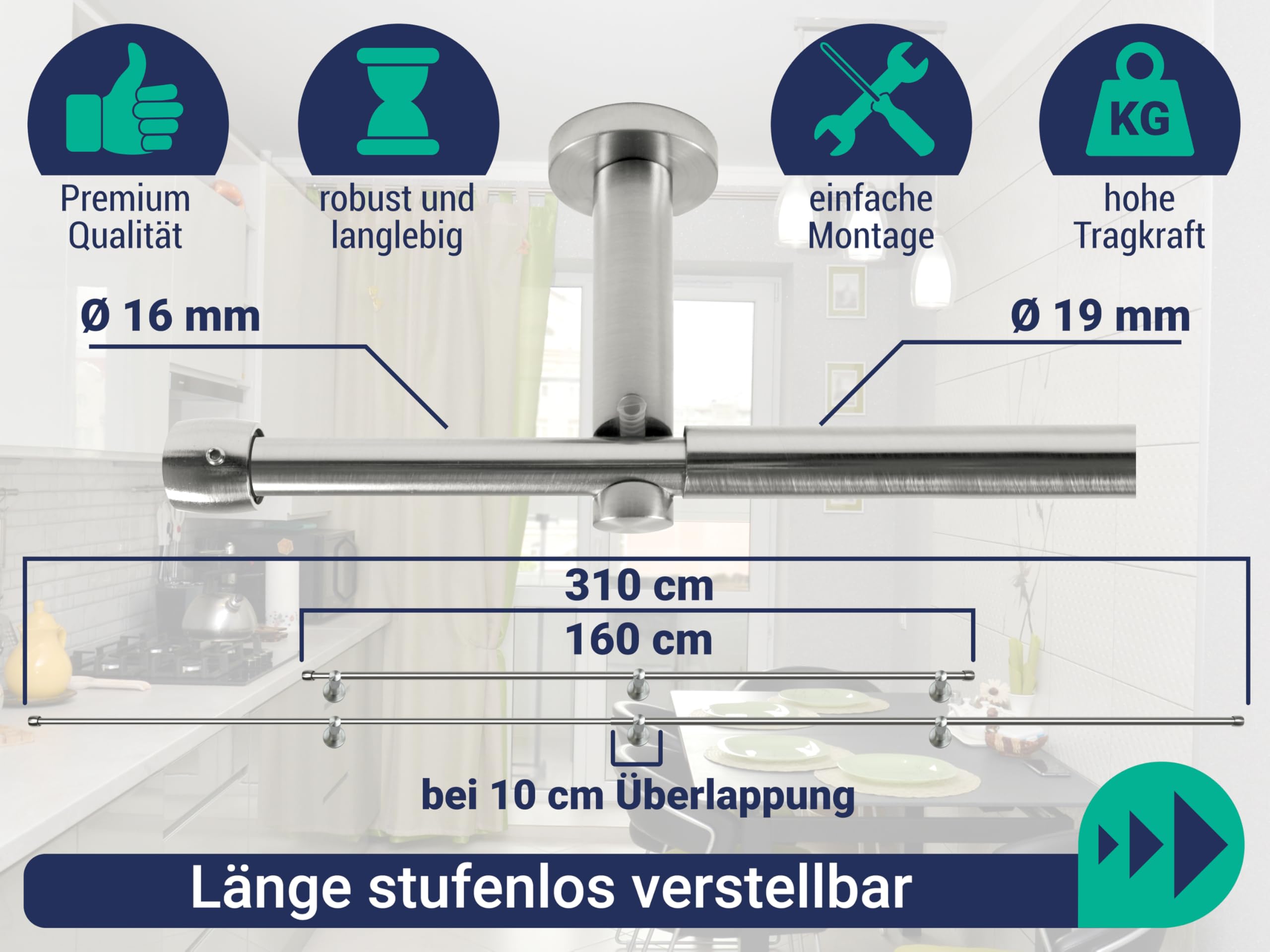 Marie's Home Tringle rideau extensible et réglable 160-310 cm - Tringle a rideaux télescopique, également utilisable comme tringle de douche - Embouts cylindre