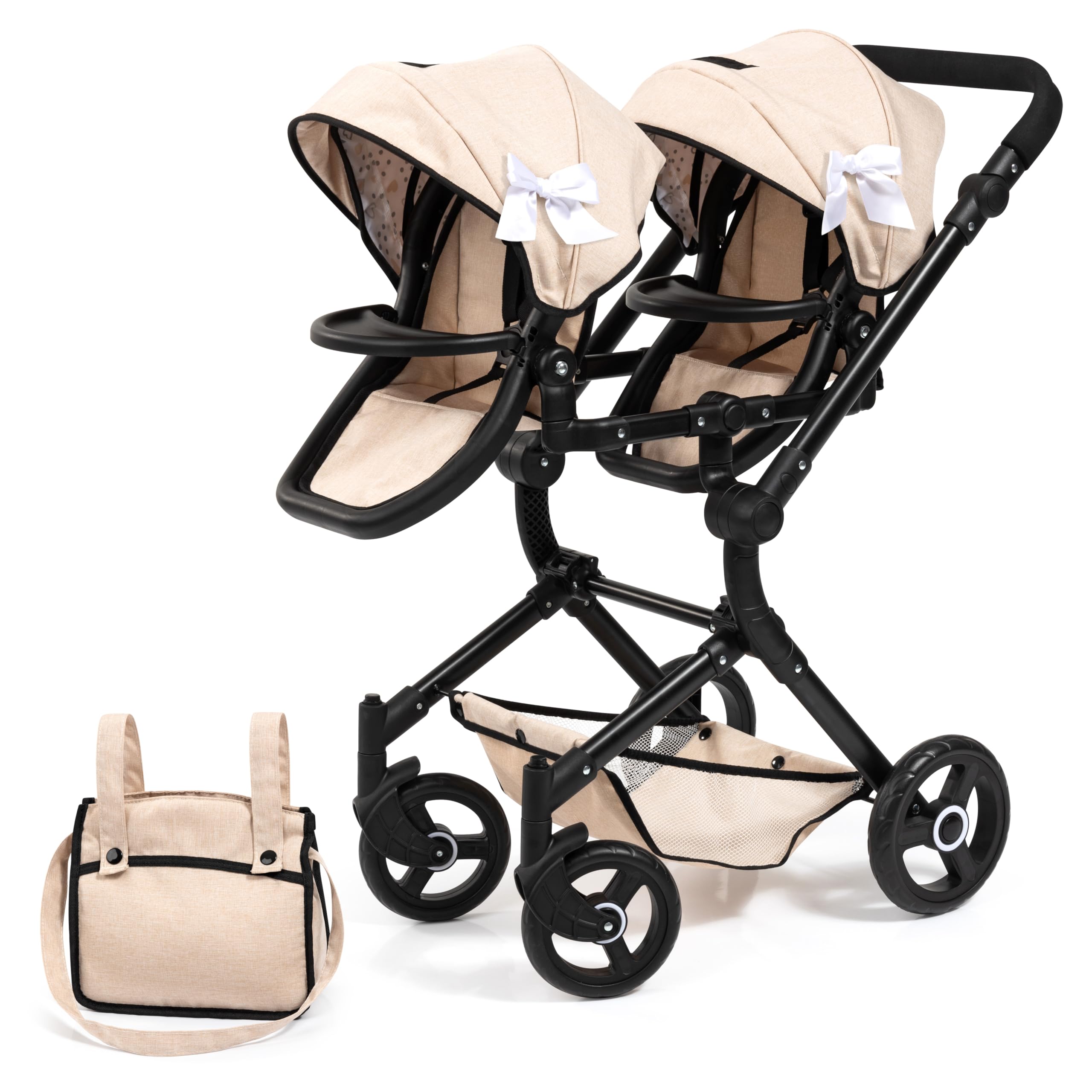 Bayer Design 26275AA dolls pram Twin Neo with bag, height-adjustable handle, reversible, foldable, integrated basket, Beige