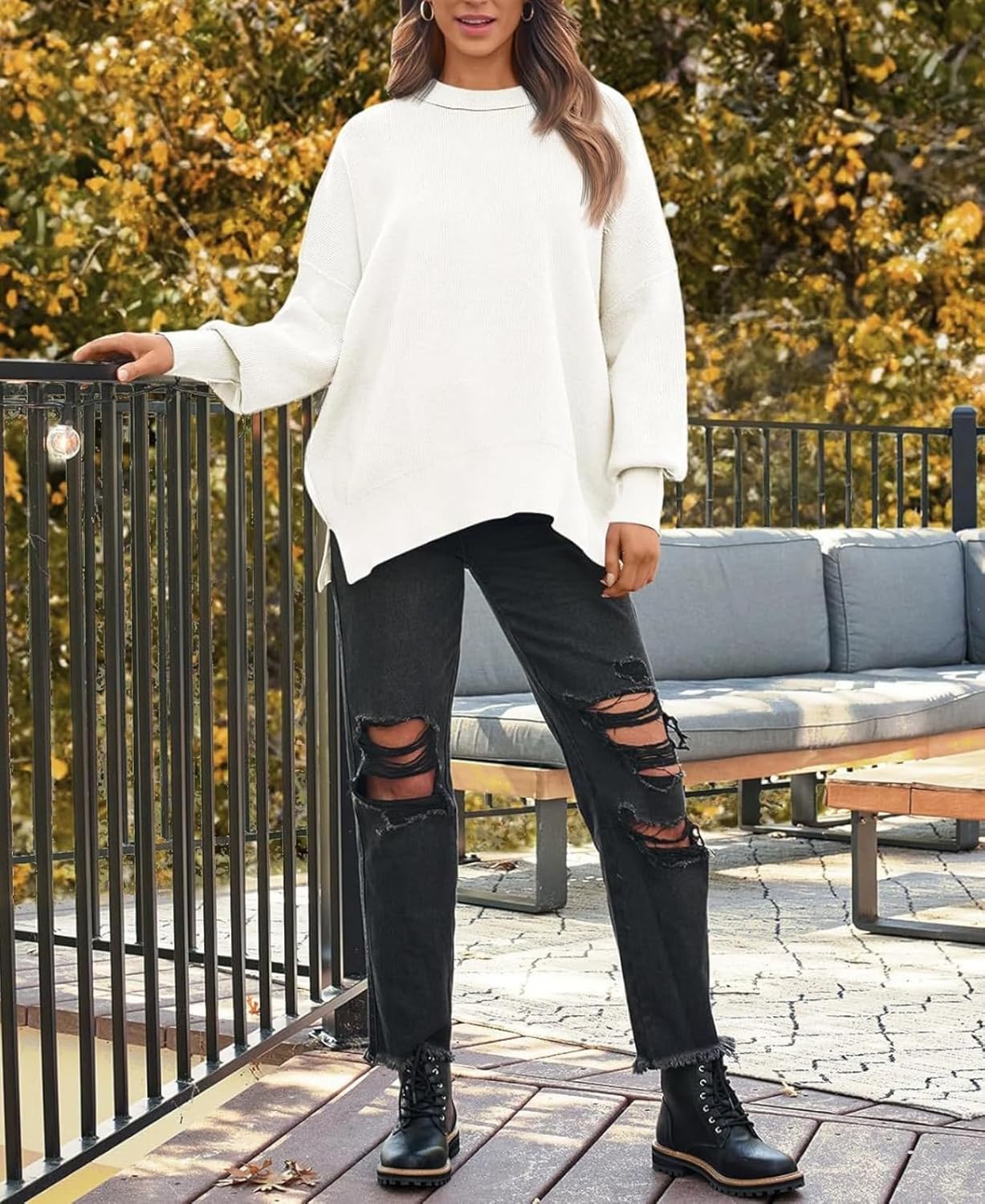 Women's Batwing Sweater Oversized Knit Pullover with Side Slits Fall Casual Crewneck Top for Fashion Outfits - Image 3