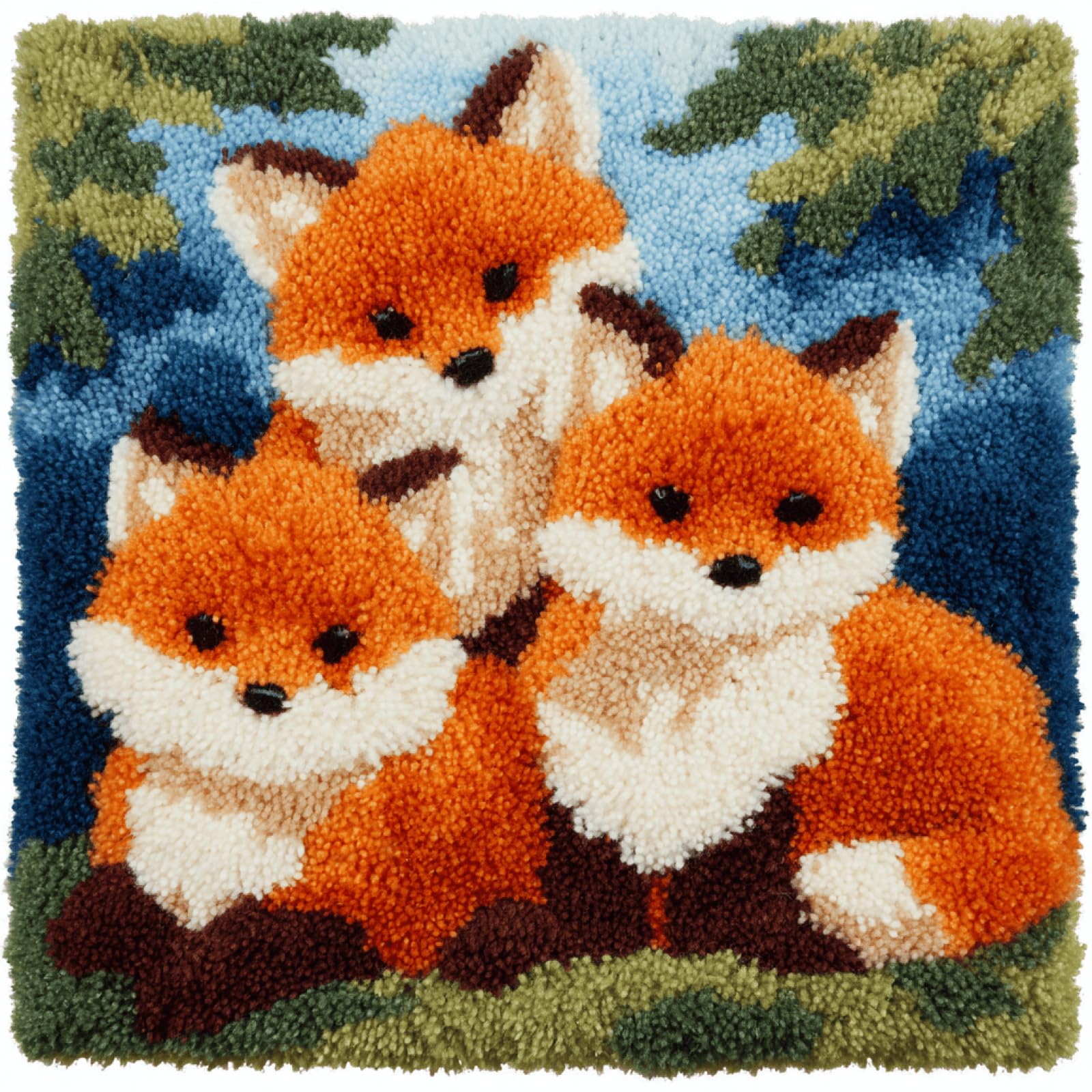XDEGHUANGSS Fox Family Latch Hook Cushion Kit for Beginners - DIY Handmade Pillowcase Sofa Cushion Cover, Home Decoration Yarn Craft Gift Set,43x43 cm