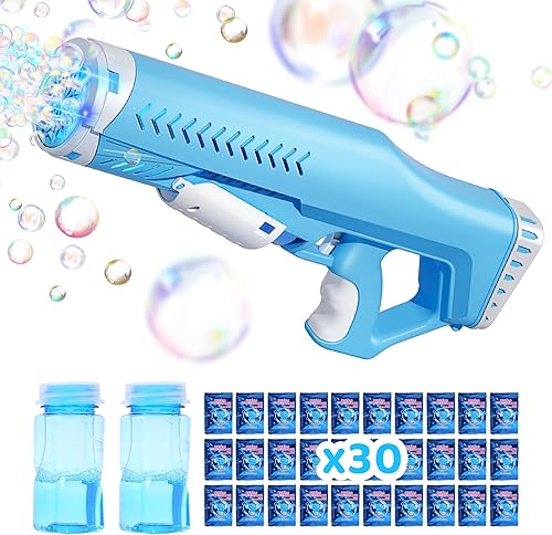 Skirfy Pistola de burbujas, ametralladora de burbujas con sonidos de luz de 12 agujeros y solución de recarga de 30 unidades, máquina de burbujas