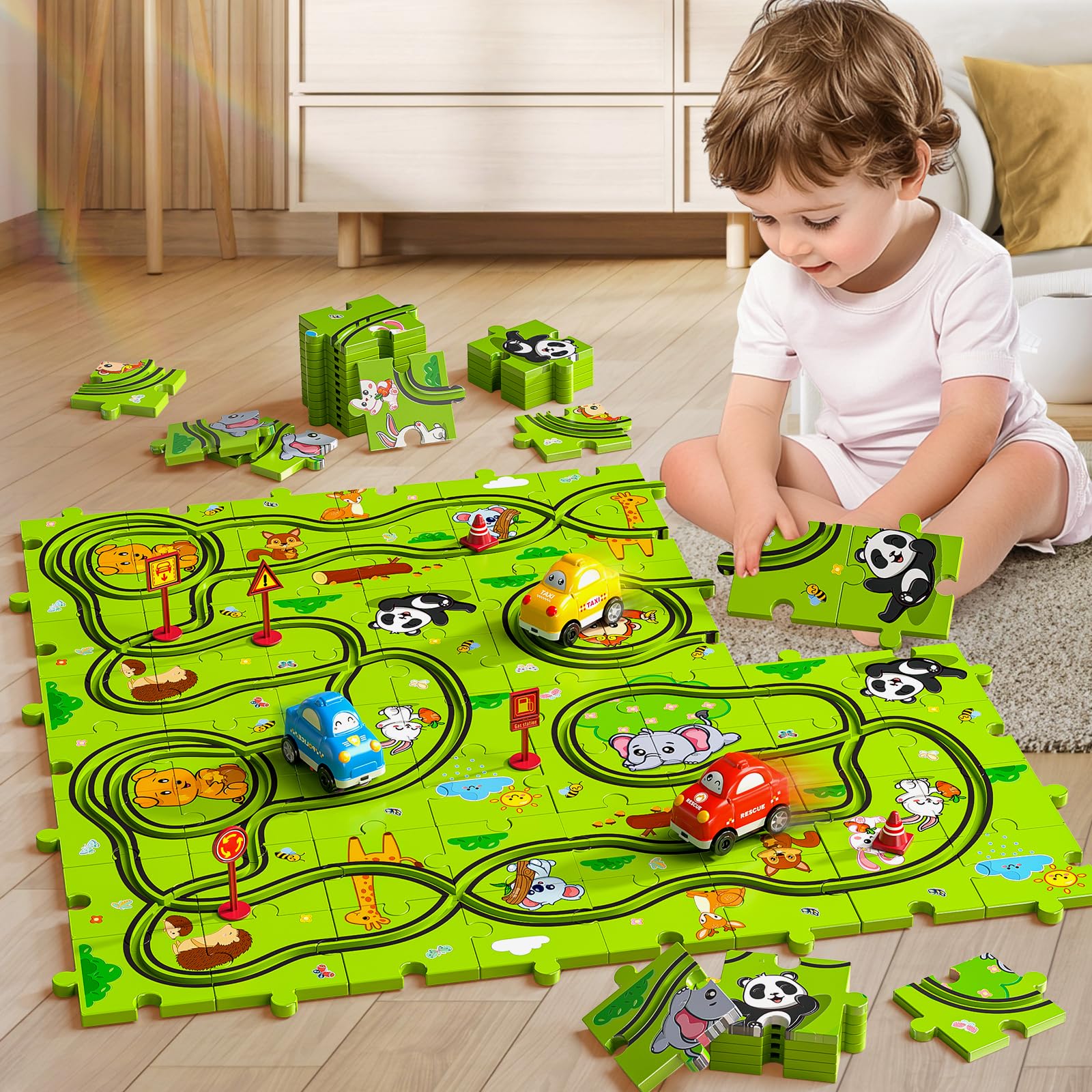 JUKUDAHU 64-teiliges Puzzle Bahnen für Kinder 3-6 Jahre | DIY Auto Rennbahn, 3 Rutsche-Autos, Tier-Thema, Geburtstagsgeschenk für Jungen Mädchen Kleinkinder 5-8 Jahre