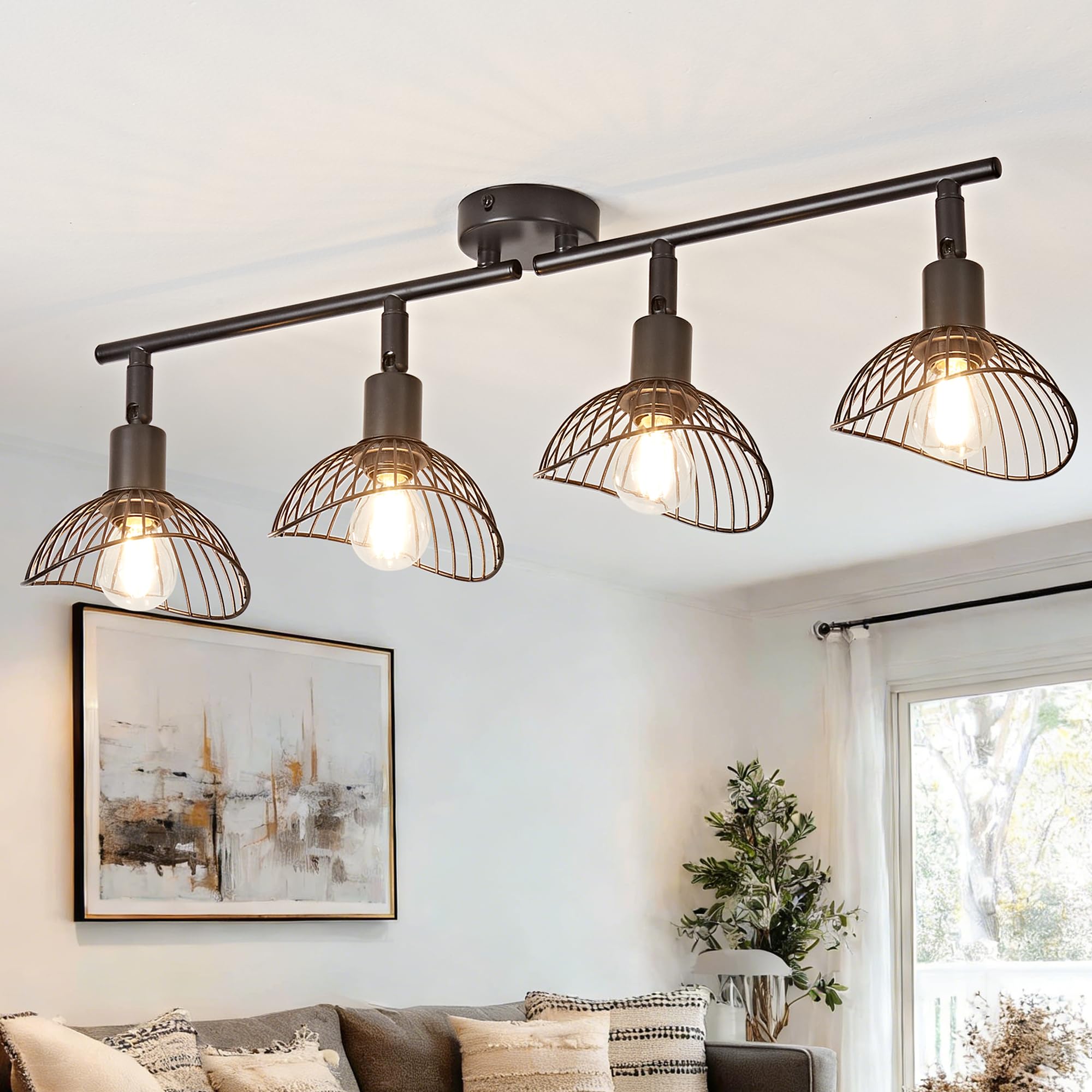 OKELI 4 Way Spotlights Ceiling Light, Black Kitchen Lights Ceiling with Rotatable E14 Socket, Rods Adjustable Spot Light Fitting Ceilings for Kitchen Bedroom Living Room, Bulb Not Included