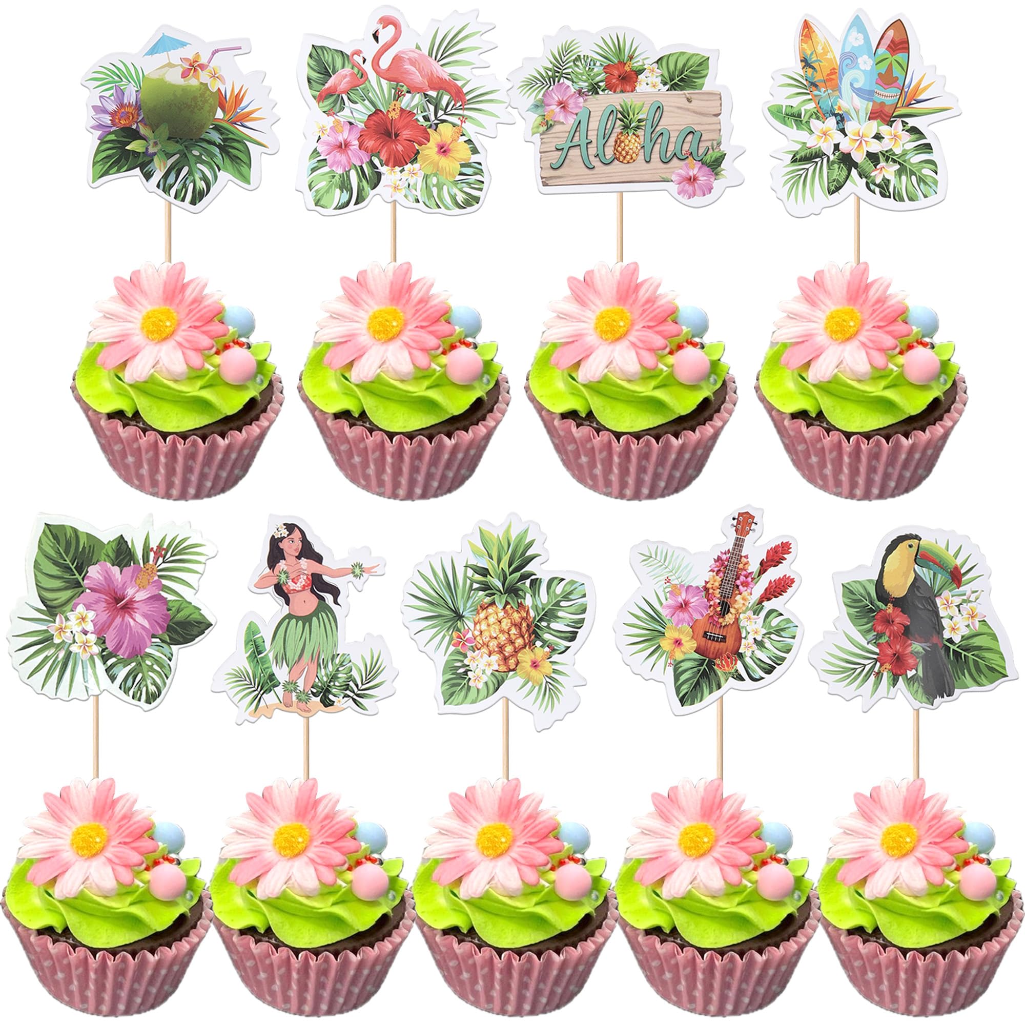 Xsstarmi Tropical Hawaii Cupcake Toppers Tropical Plants Flamingo Guitar Hula Aloha Cupcake Picks for Summer Hawaii Beach Theme Baby Shower Wedding Birthday Party Cake Decorations