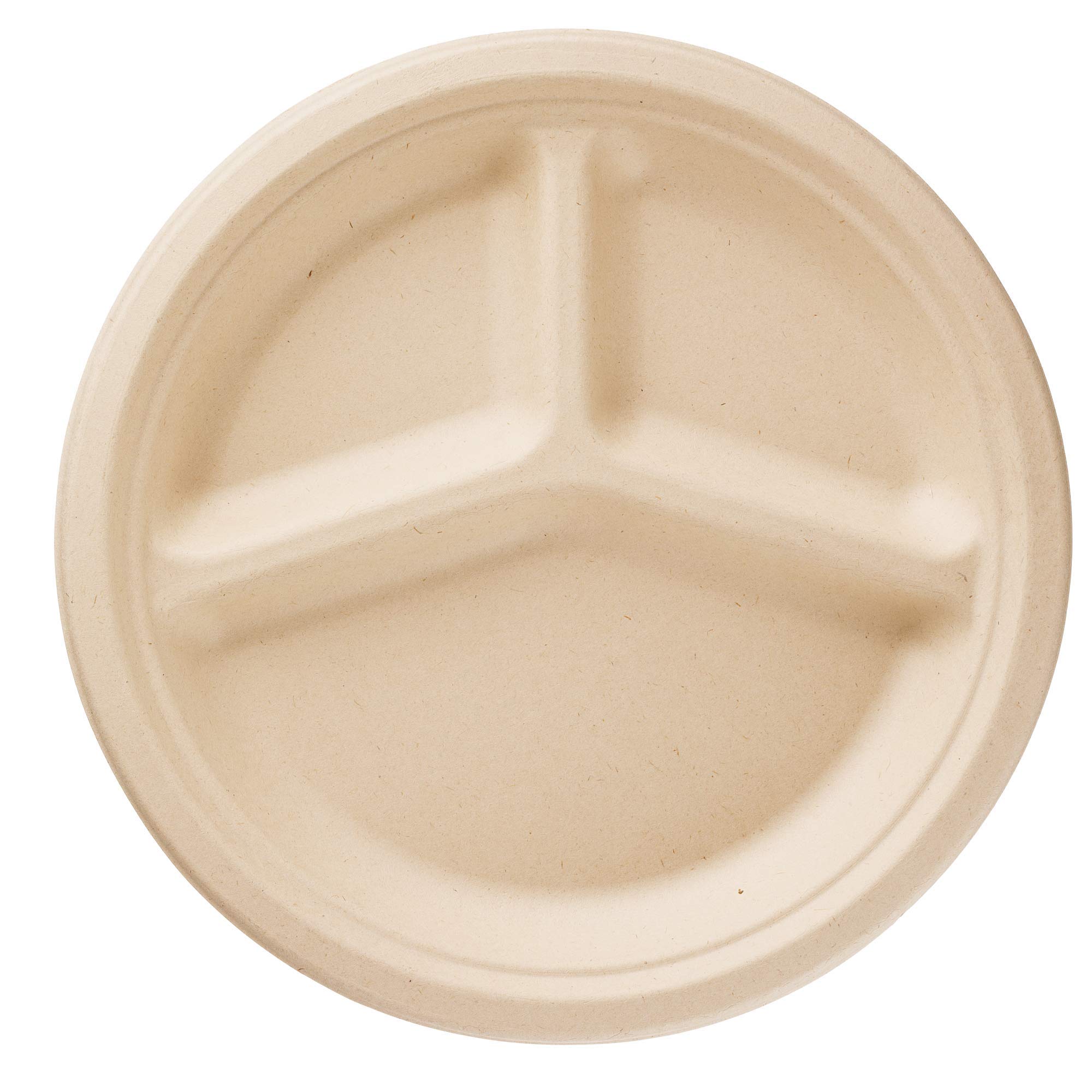 Harvest Pack GOURMET SHOWCASE [125 COUNT] Sugarfiber 10-inch Compostable Disposable Paper Plates, Round Divided 3 Compartments, Made from Eco-friendly Plant Fibers