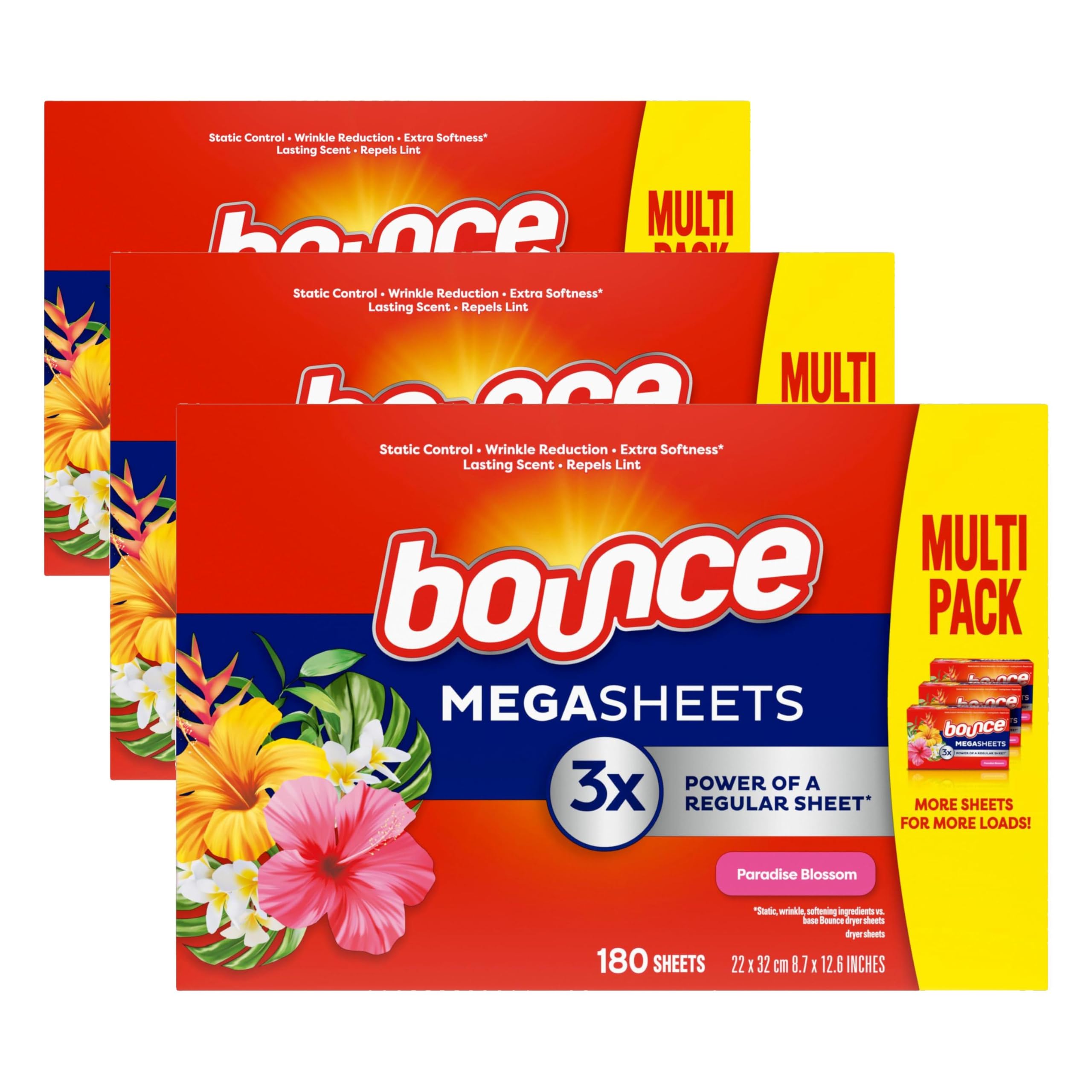 Bounce Dryer Sheets | Paradise Blossom | Anti-Static | 180 Sheets, Pack of 3