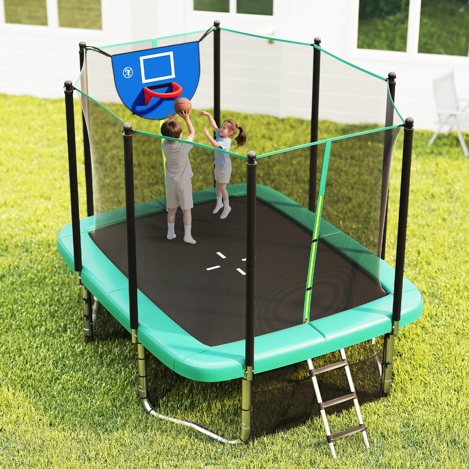 COSTWAY Cama Elastica Infantil, Trampolín Rectangular para Exteriores de 317 x 255 cm, Trampolín para Niños Multifuncional con Canasta de Baloncesto, Red de Protección para Niños Adultos