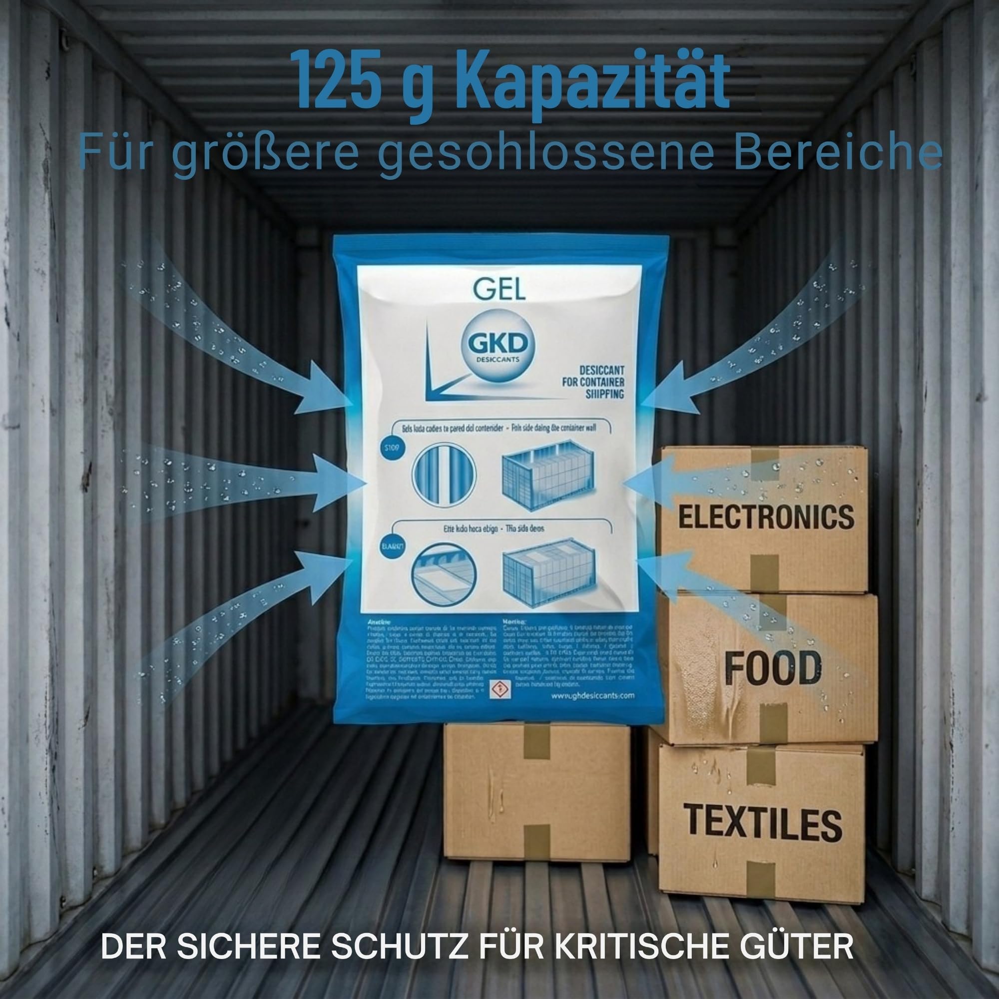 GK Single 125gr - 100 Stück (volle Box) - Container Trockenmittel für Seetransport - Trockenbeutel mit Trocknungsgranulat - Trockenmittel Transport