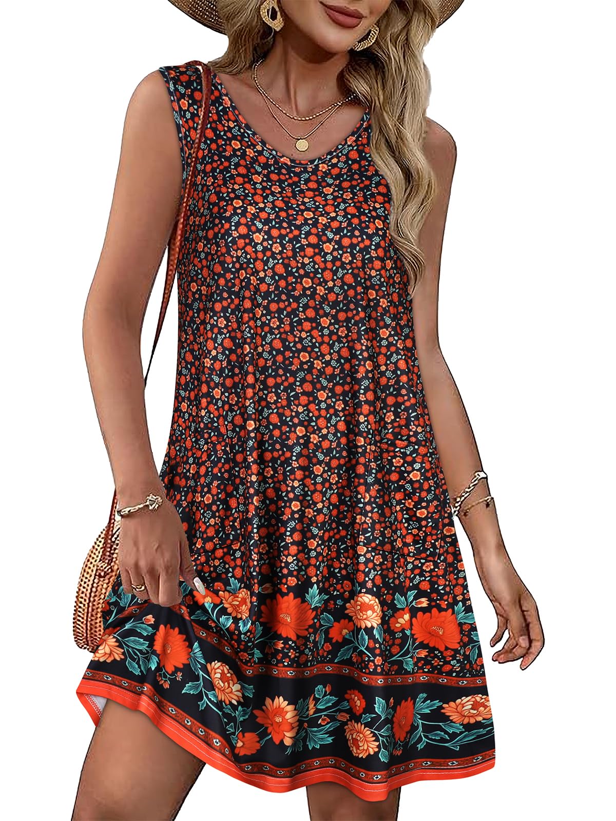 Womens Summer Dresses Casual V Neck Sleeveless Pockets Beach Loose Sundress | 2026 Loose Tank Sun dres with pockets, Casual Beach Cover Up, Fashion Vacation Outfits, Tshirt Floral Boho A-Line Flow Dress