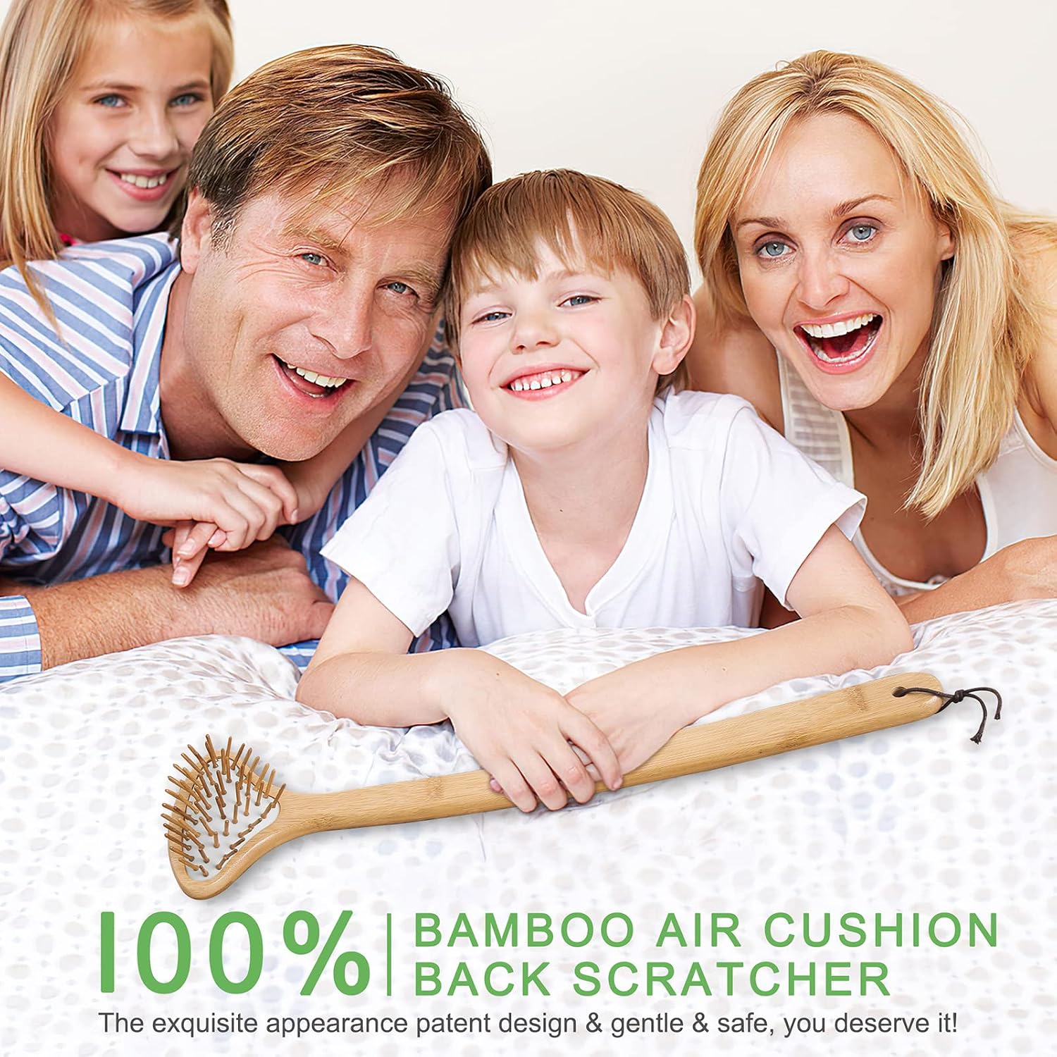 Large Curved Bamboo Back Scratcher - 59 Wooden Points Provide Instant Itch Relief, Curved Handle & Air Cushion, Easy to Reach Itch Point, Back Massager for Men Women Adults（White）