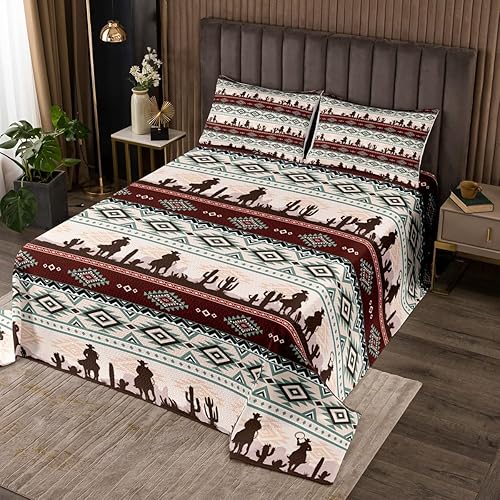 Juego de ropa de cama de 3 piezas, diseño de rayas vaqueras, tamaño Queen, estilo mexicano, azteca occidental, estilo mexicano, para hombre joven,