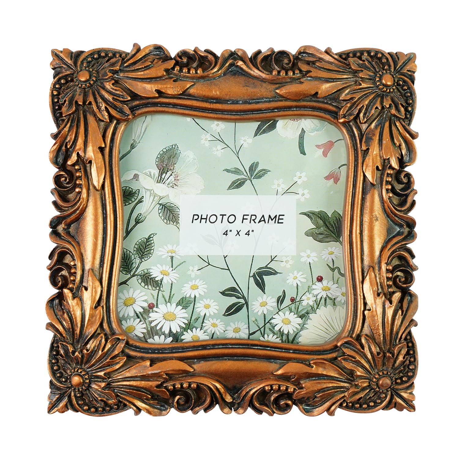 ZMG Vintage 4x4 Ornate Copper Resin Photo Frame, Baroque Style Faux Copper Picture Frame with Embossed Floral Carving, Retro Tabletop & Wall Mounted Decorative Frame for Home, Gallery, Wedding, Gift