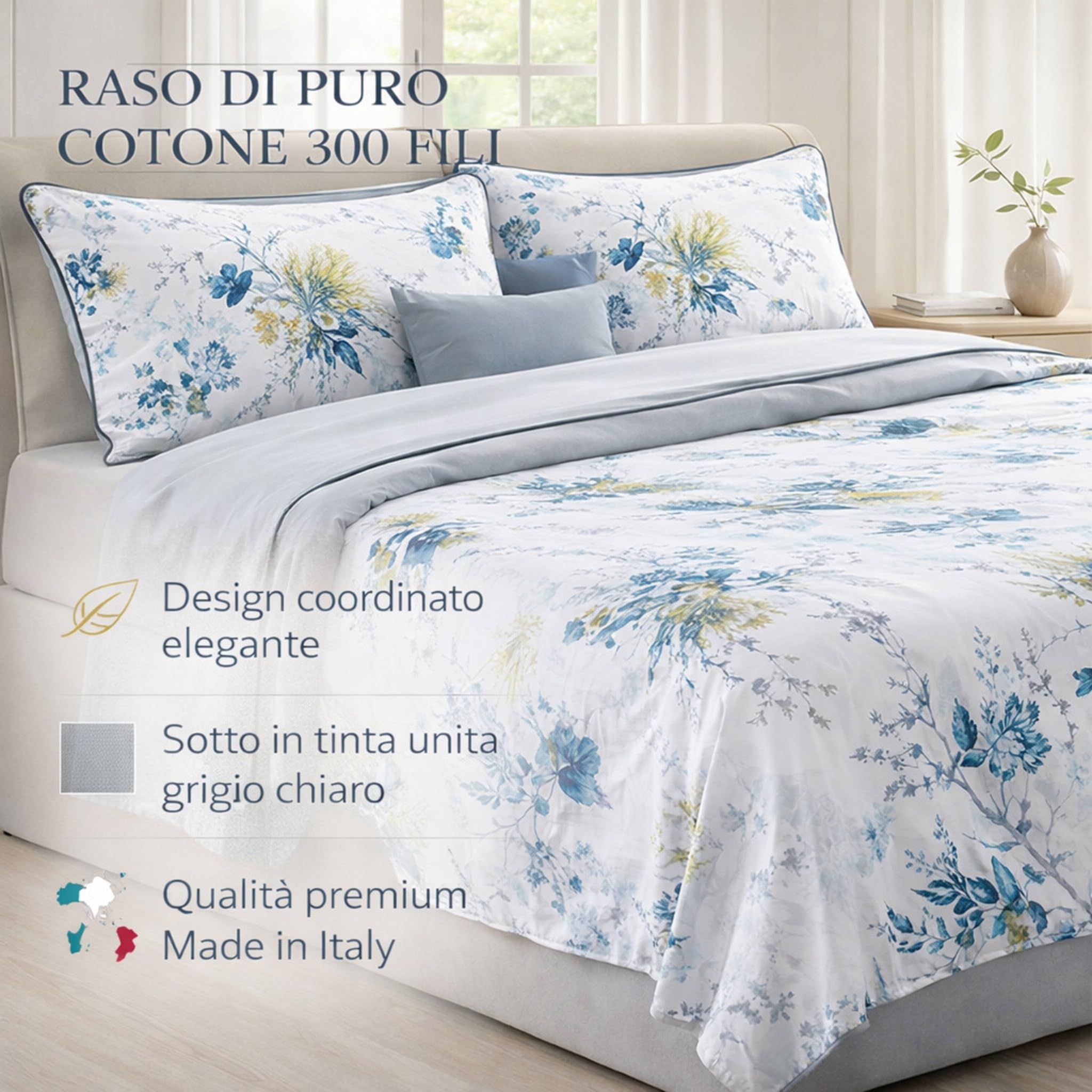 Completo Lenzuola Matrimoniale in Raso di Cotone 300 Fili Galizzi Carrie – Set Letto 250x295 cm con Angoli 180x200 h30 + 2 Federe con Piping – Floreali Made in Italy (Pietra)
