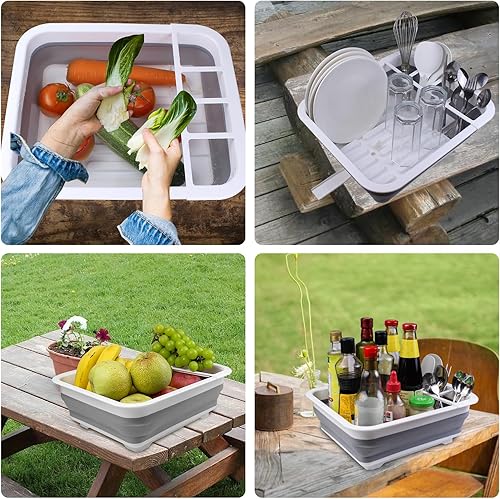 Miniatura 6 de Escurridor de platos plegable portátil para encimera de cocina, tapones de drenaje y puertos de drenaje giratorios, ahorro de espacio, adecuado para