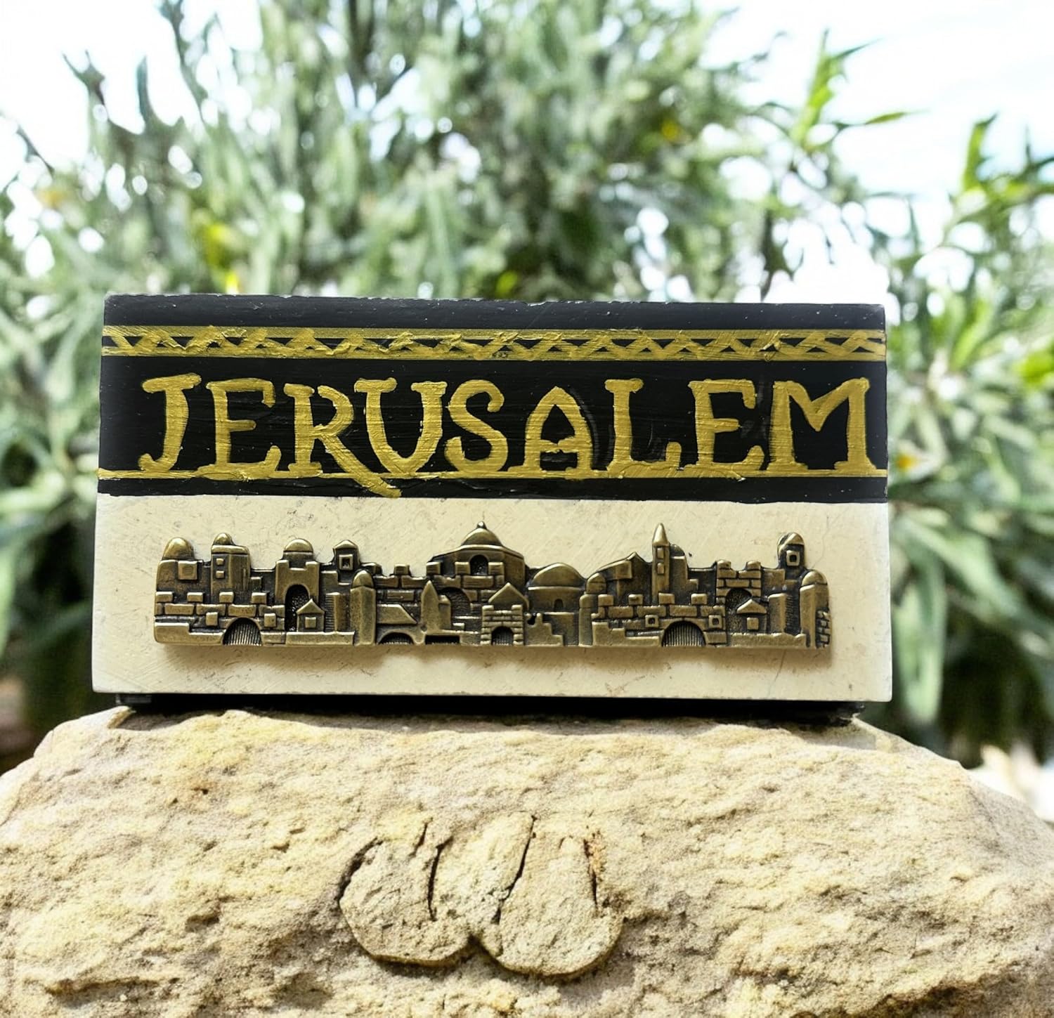 Hand-Painted Customized Jerusalem Stone – Jerusalem Landscape Stone Decor – Golden Stamped Old City Artifact - Holy Land Gifts - Original Rock from Israel - Memorial Stone