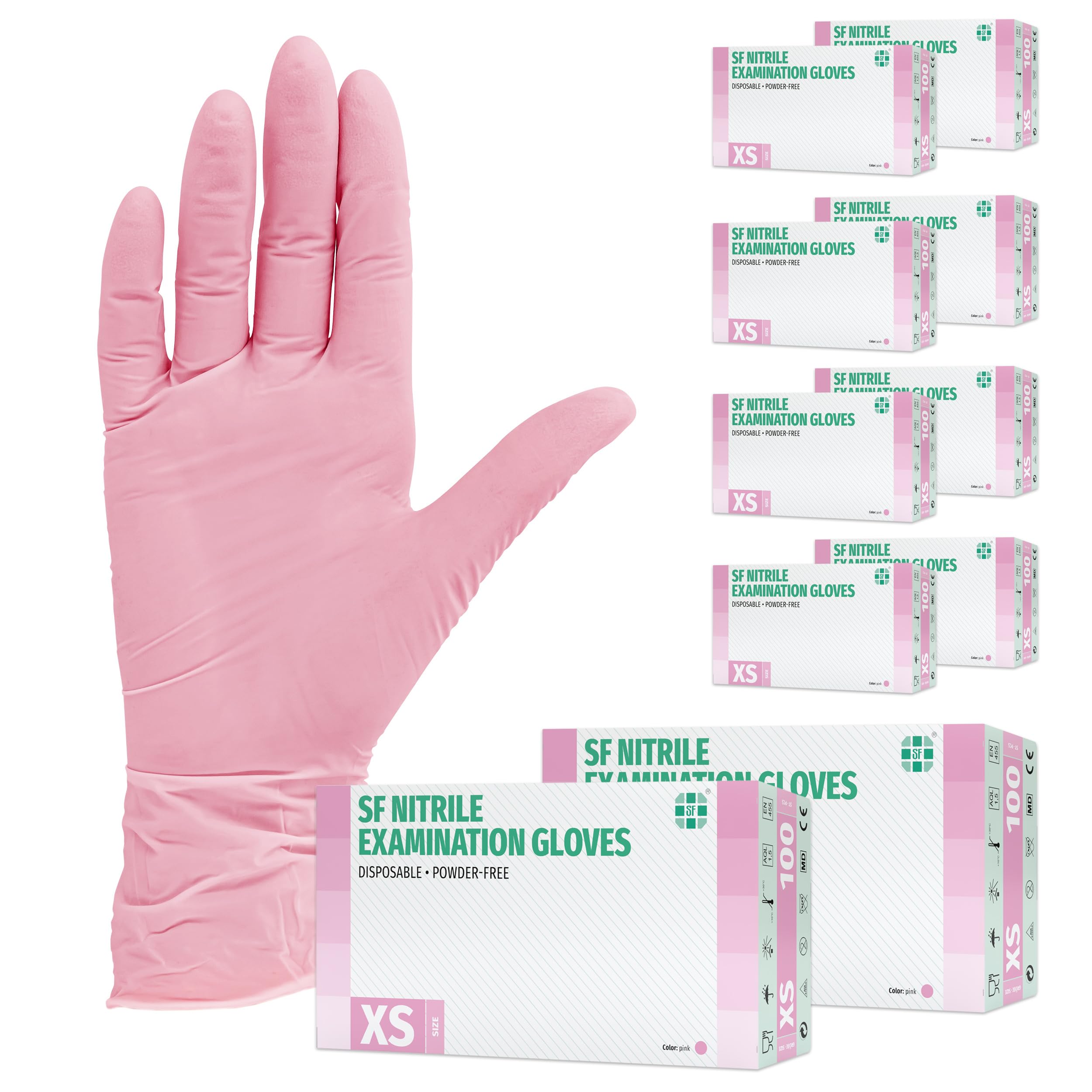 SF Guantes de nitrilo XS rosas – 1000 (10x100) unidades, guantes desechables sin polvo, sin látex, médicos y de examen, aptos para cocina, limpieza, cosmética y uso doméstico