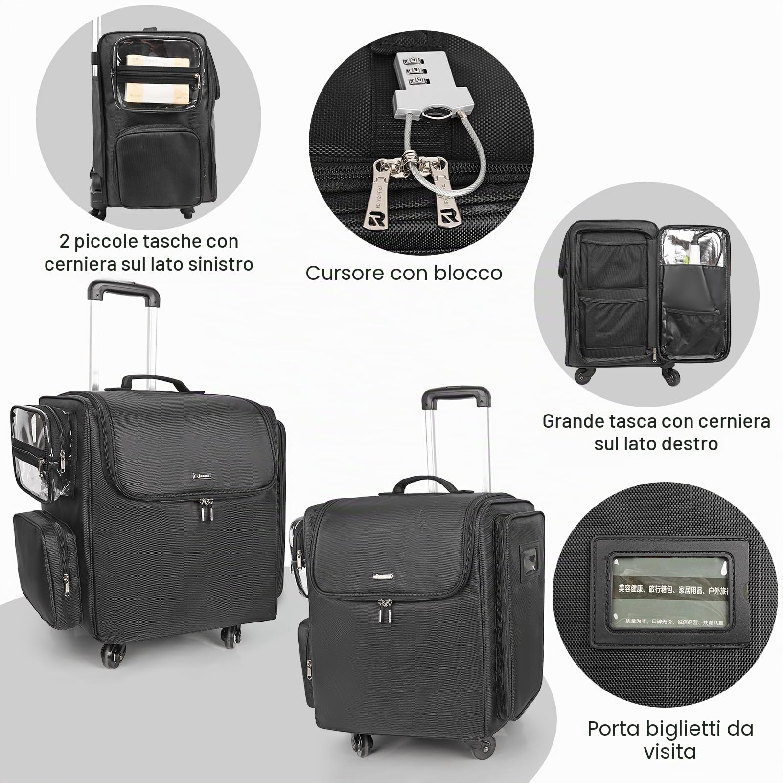 Rolling valigetta cosmetica, parrucchiere borsa da viaggio con 4 ruote, isolamento termico strato completo, divisore regolabile, strumenti per capelli e cosmetici organizer trolley valigia trucco