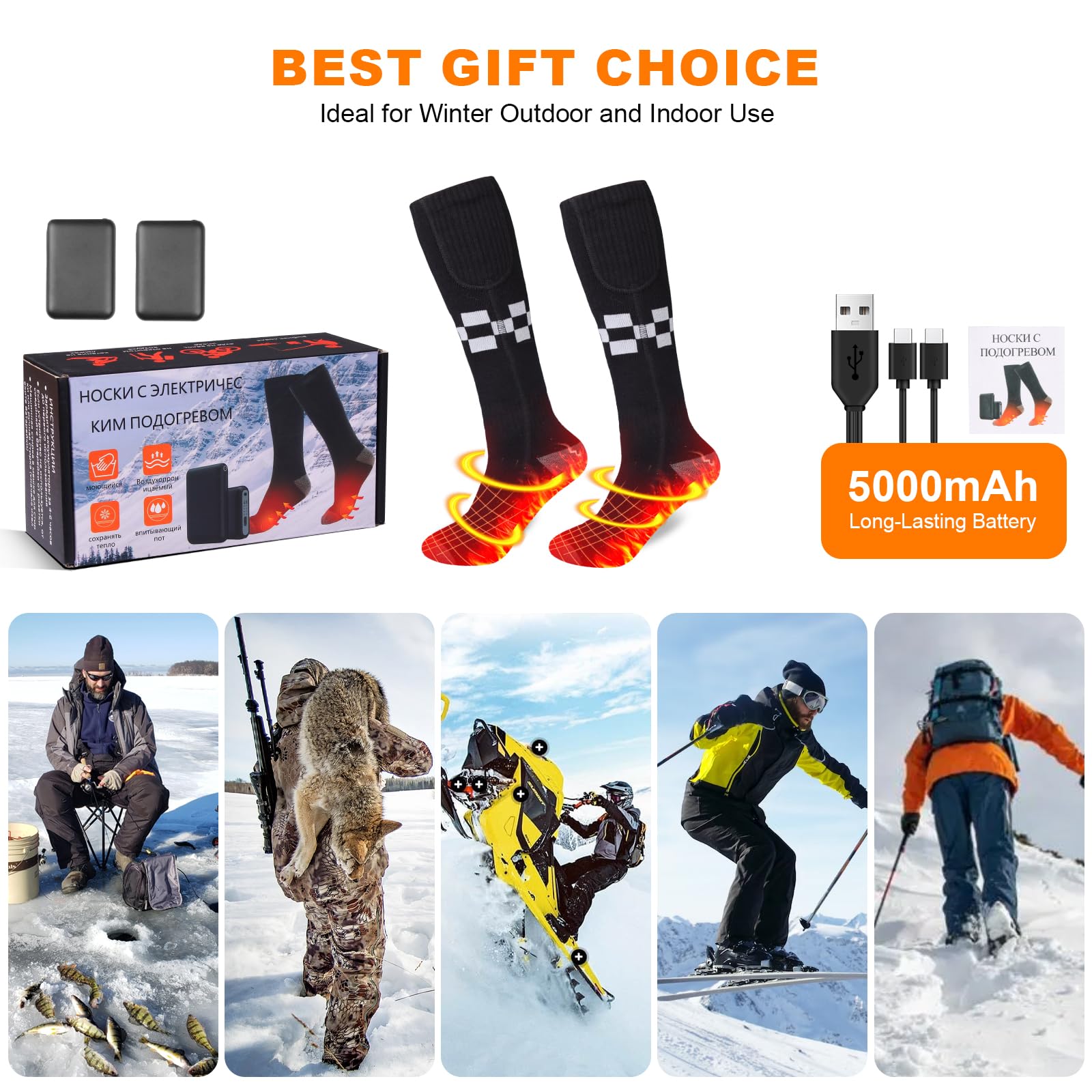 Chaussettes Chauffantes Rechargeables pour Hommes Femmes, 5000mAh Chaussette Chauffante Électrique avec Chauffage Semelle, 3 Niveaux Température, Lavables pour Ski Camping Randonnée Hiver