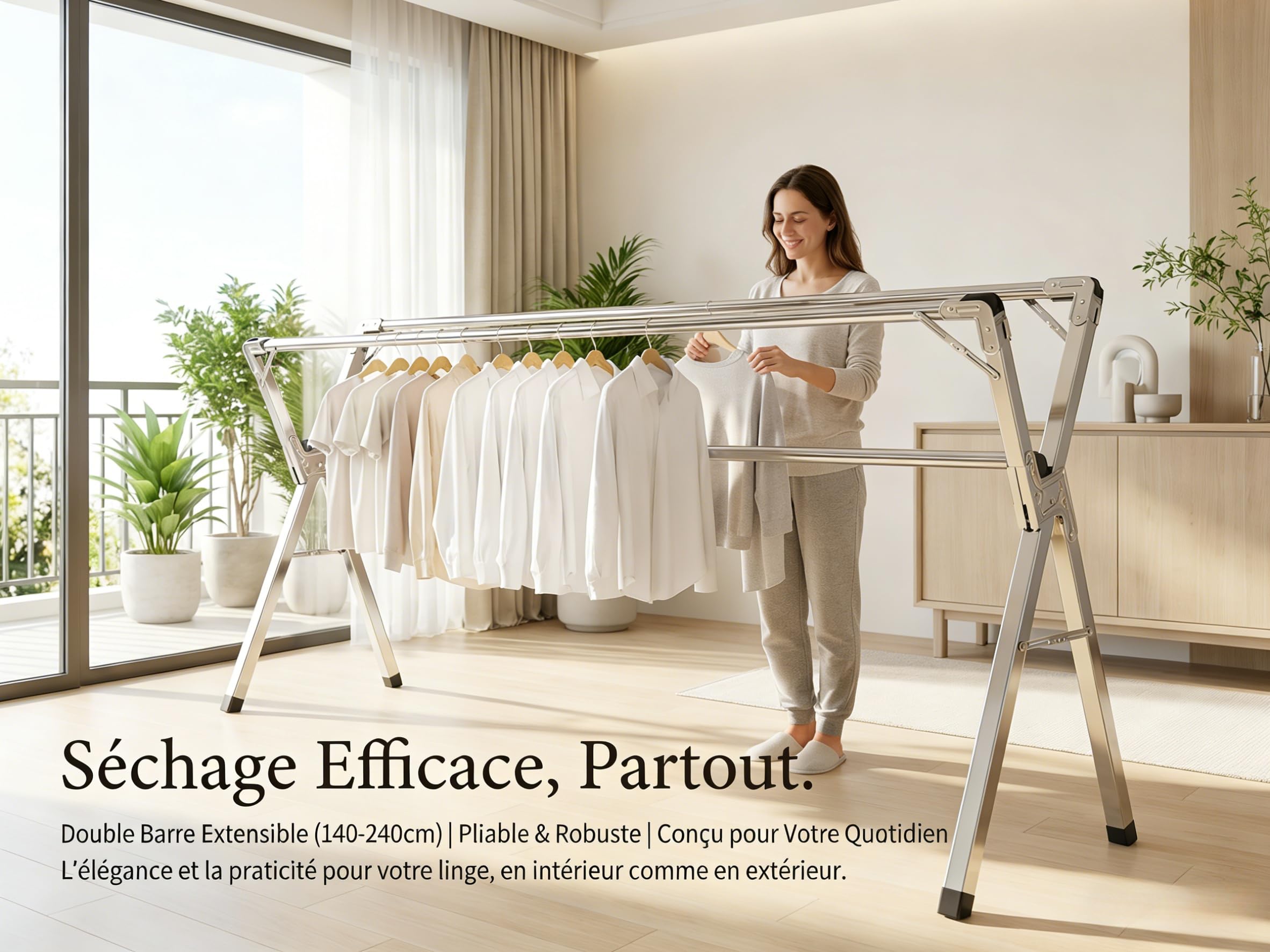 Étendoir à Linge Pliable INOX Type tancarville, etendoir Linge Interieur et Exterieur, sechoir a Linge reglable 140–240 cm, Grande capacite, Jusqu’à 60 kg par Barre, avec 40 Crochets Coupe Vent