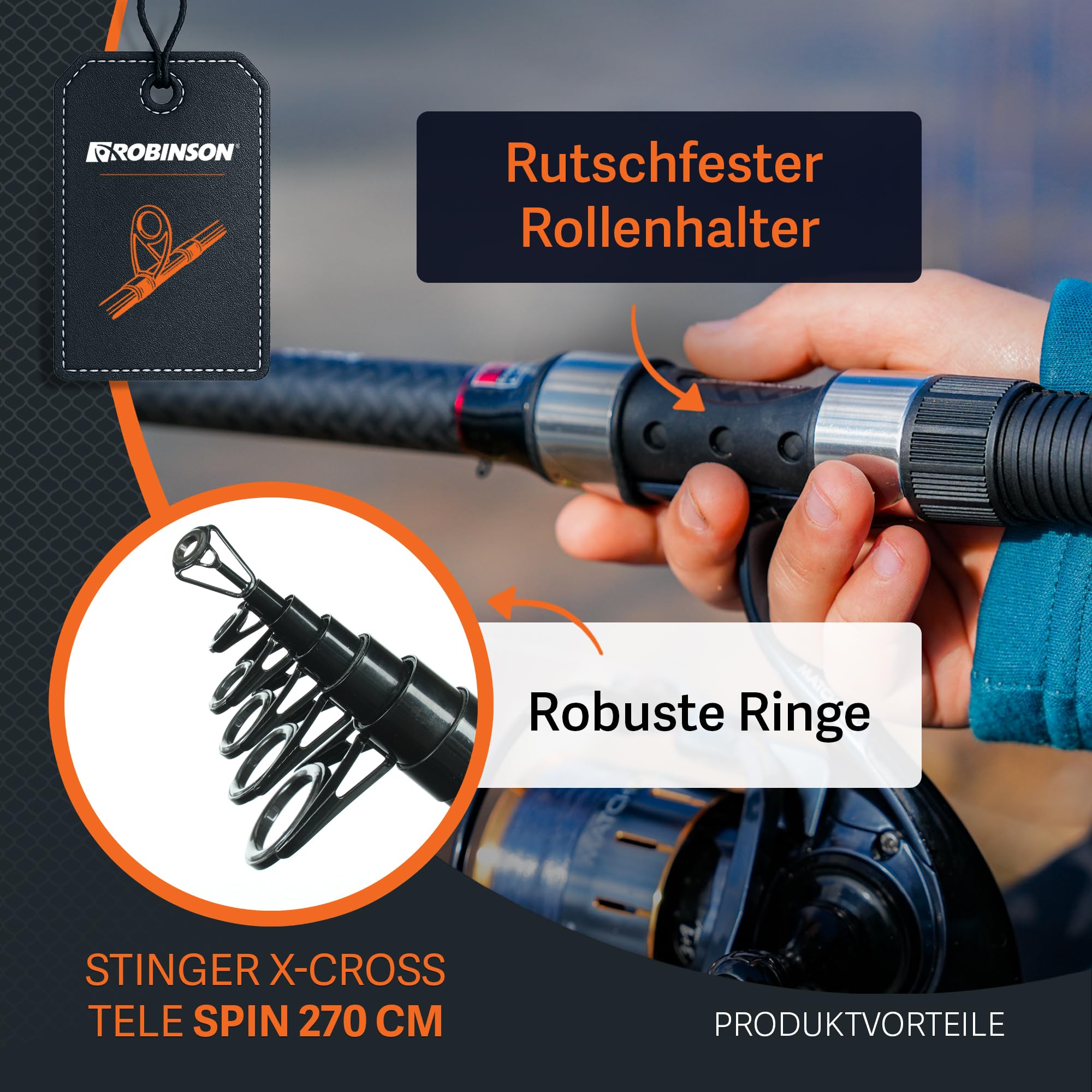 Robinson Angelrute - Teleskoprute Karbon - Kompaktes Transportmaß - Robuste Ringe - Rutschfester Rollenhalter - Leicht und widerstandsfähig - Stinger X-Cross Tele