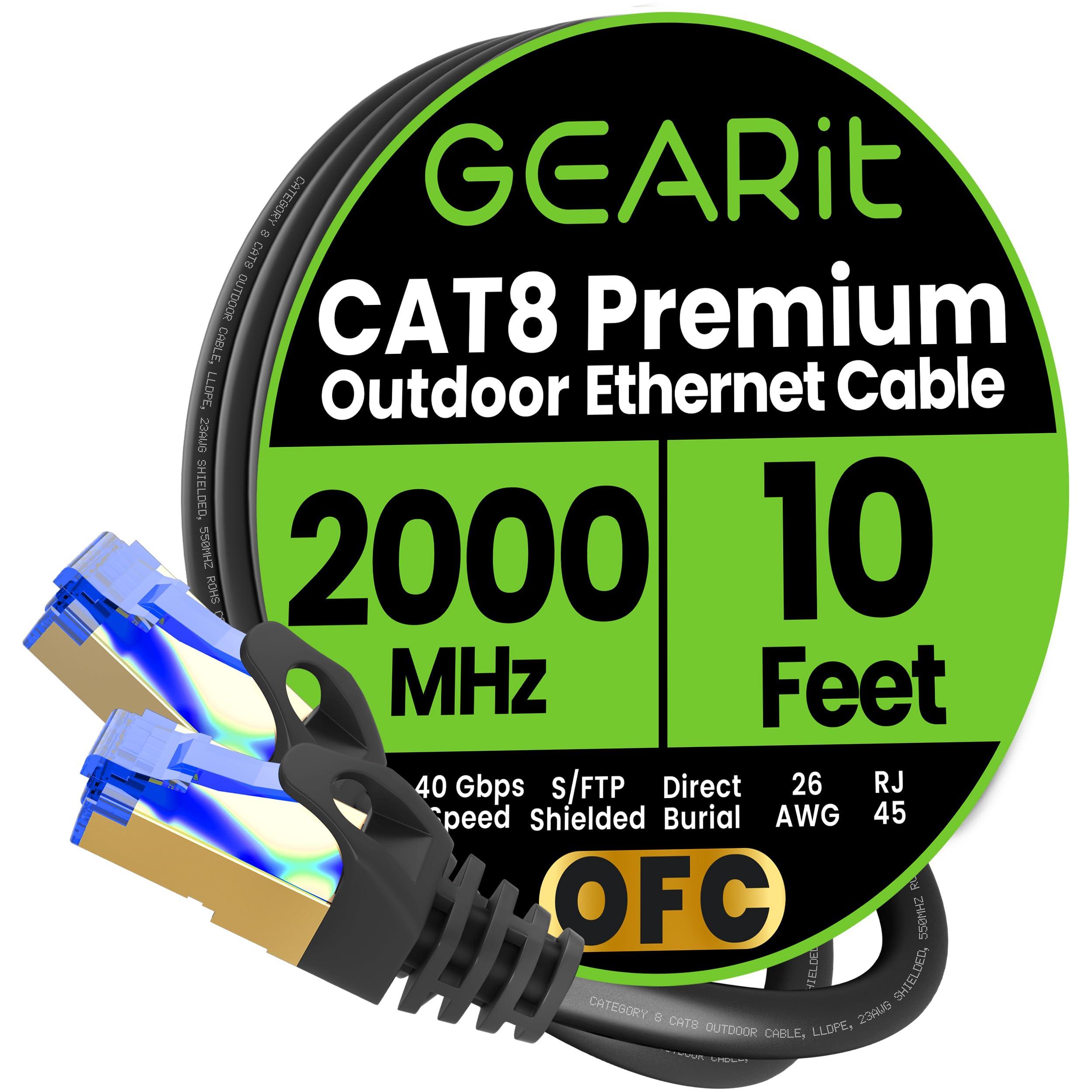 GEARit Câble blindé Cat8 RJ45 (3 m), 26 AWG, 40 Gbit/s, 2 000 MHz SFTP, câble Ethernet LAN haute vitesse Cat8, dans le mur, l'extérieur, résistant aux intempéries pour routeur, modem, jeu