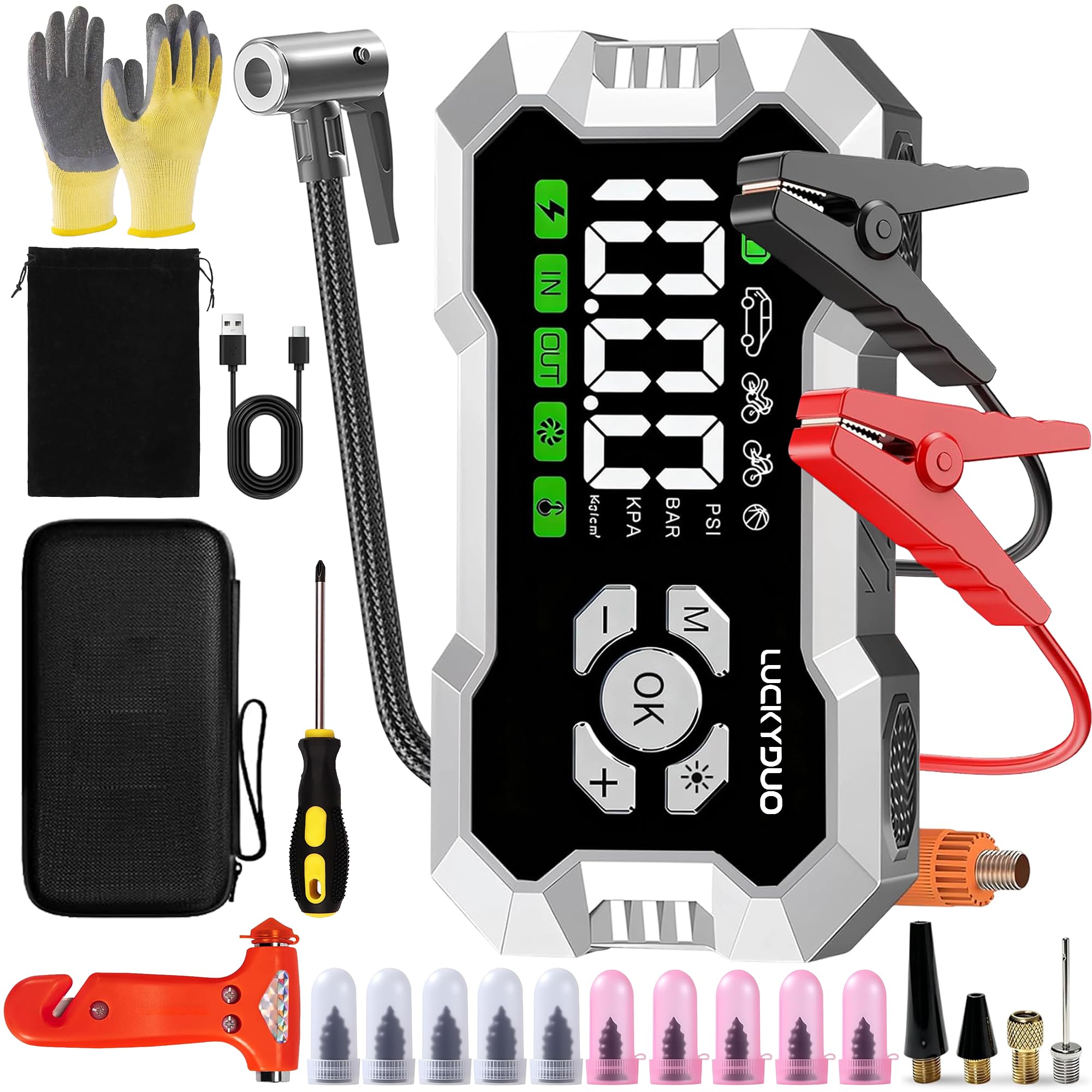 Avviatore Batteria Auto - 8000A,Booster Avviatore Auto con Compressore 160PSI,avviatore di emergenza per tutti i veicoli a benzina e diesel fino a 12 litri max, dotato di kit di emergenza per esterni