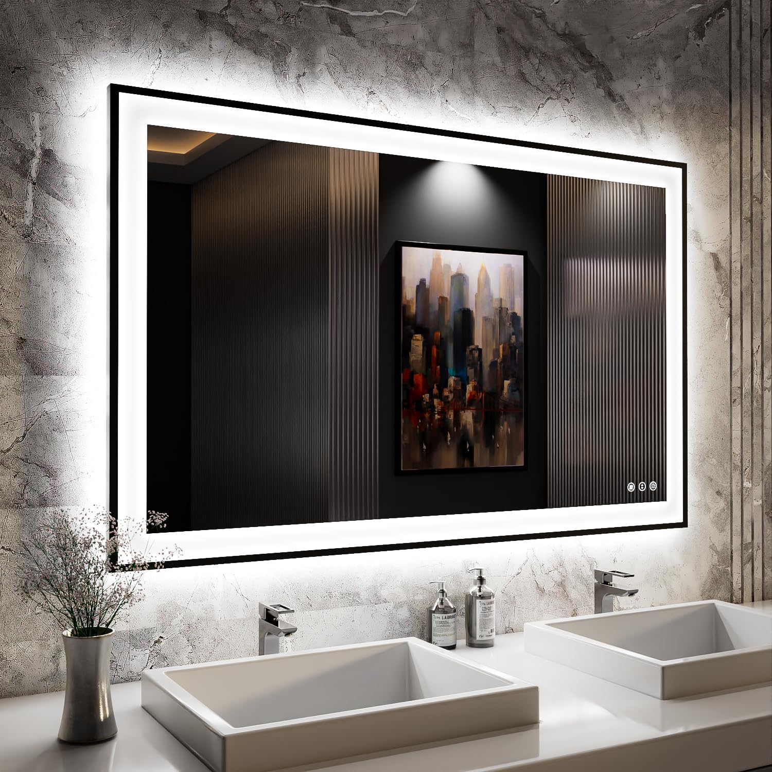 ISKM Framed LED Mirror for Bathroom 48"x30", Dimmable LED Bathroom Mirror with Lights, Anti-Fog, Front and Backlit Lighted Mirror 3-Colors, Shatterproof, Memory Function Front and Backlit With Frame 48"L x 30"W