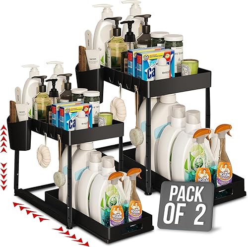 Organizador para debajo del fregadero, organizador de gabinete extraíble, estantes de almacenamiento de armario de fregadero ajustable de 2 niveles