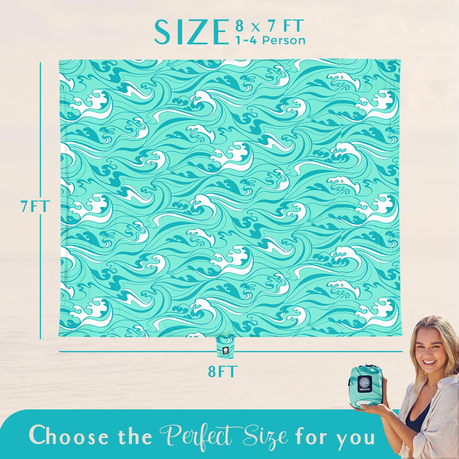 WEKAPO Couverture de Plage imperméable, Anti-Sable, surdimensionnée, Extra | Tapis de plage avec piquets, sac de rangement – Essentiels pour la plage en plein air, pique-nique (vagues de l'océan