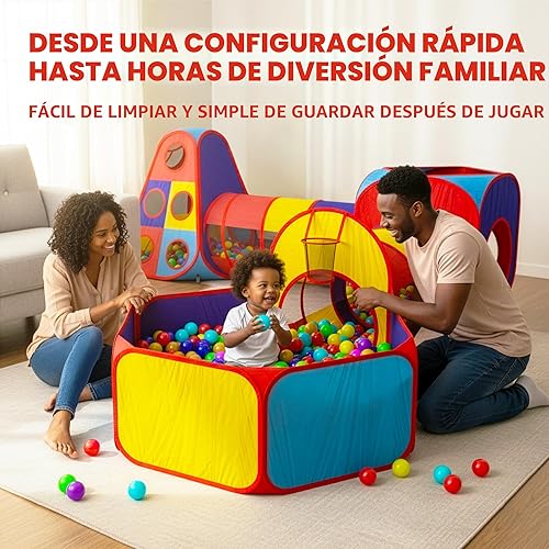 Vista 5 de Playz 5 piezas de tiendas de campaña infantiles y túneles - Piscina de pelotas para niños pequeños, canasta de baloncesto, tubos para gatear, casas