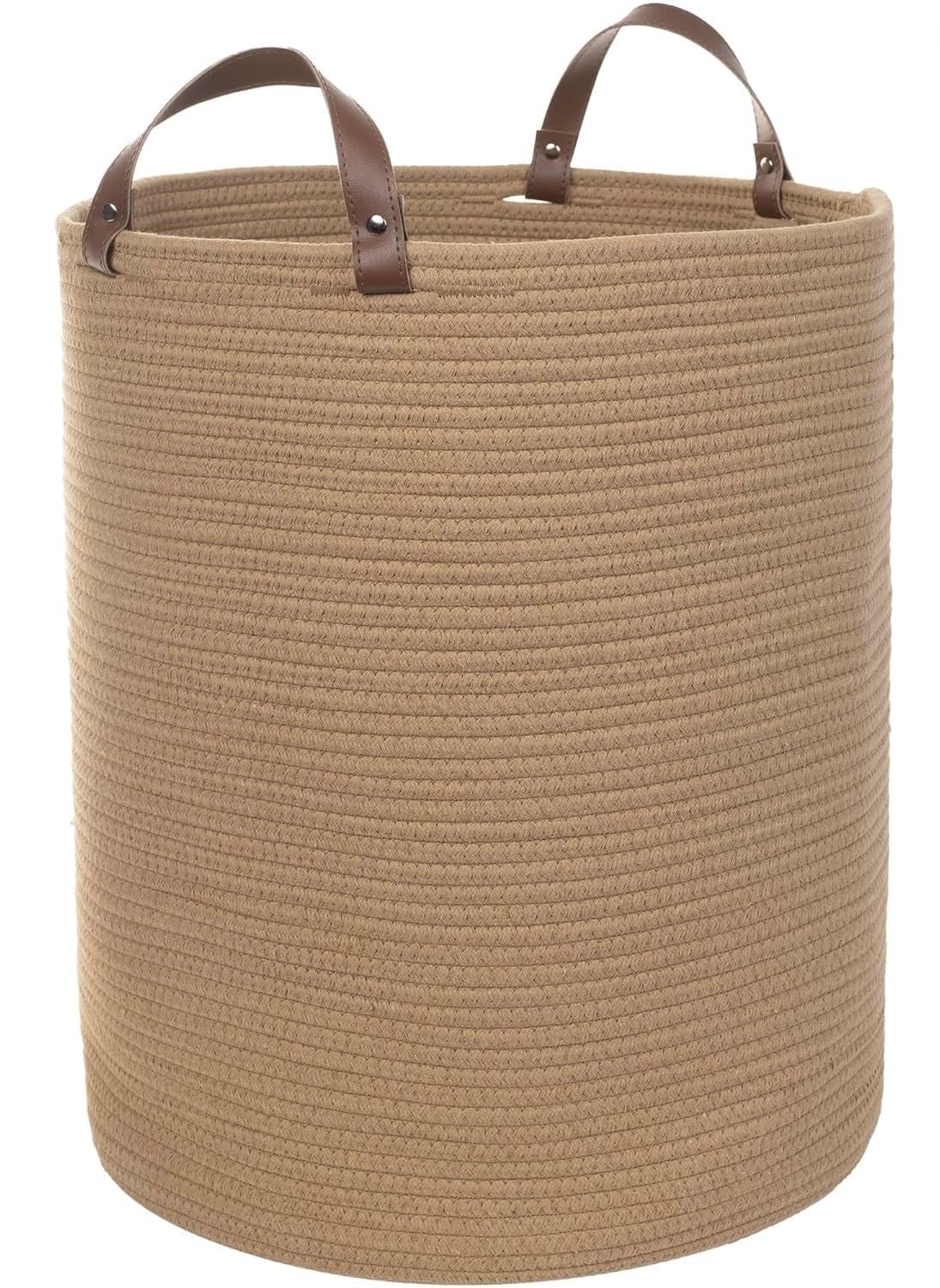 ALBY® Extra Large Cotton Rope Basket, Woven Baby Laundry Blanket Basket with Leather Handle Toy Basket Storage Baskets Bin for Yoga Mat & Towel (brown, 10x12 inches)-image-21
