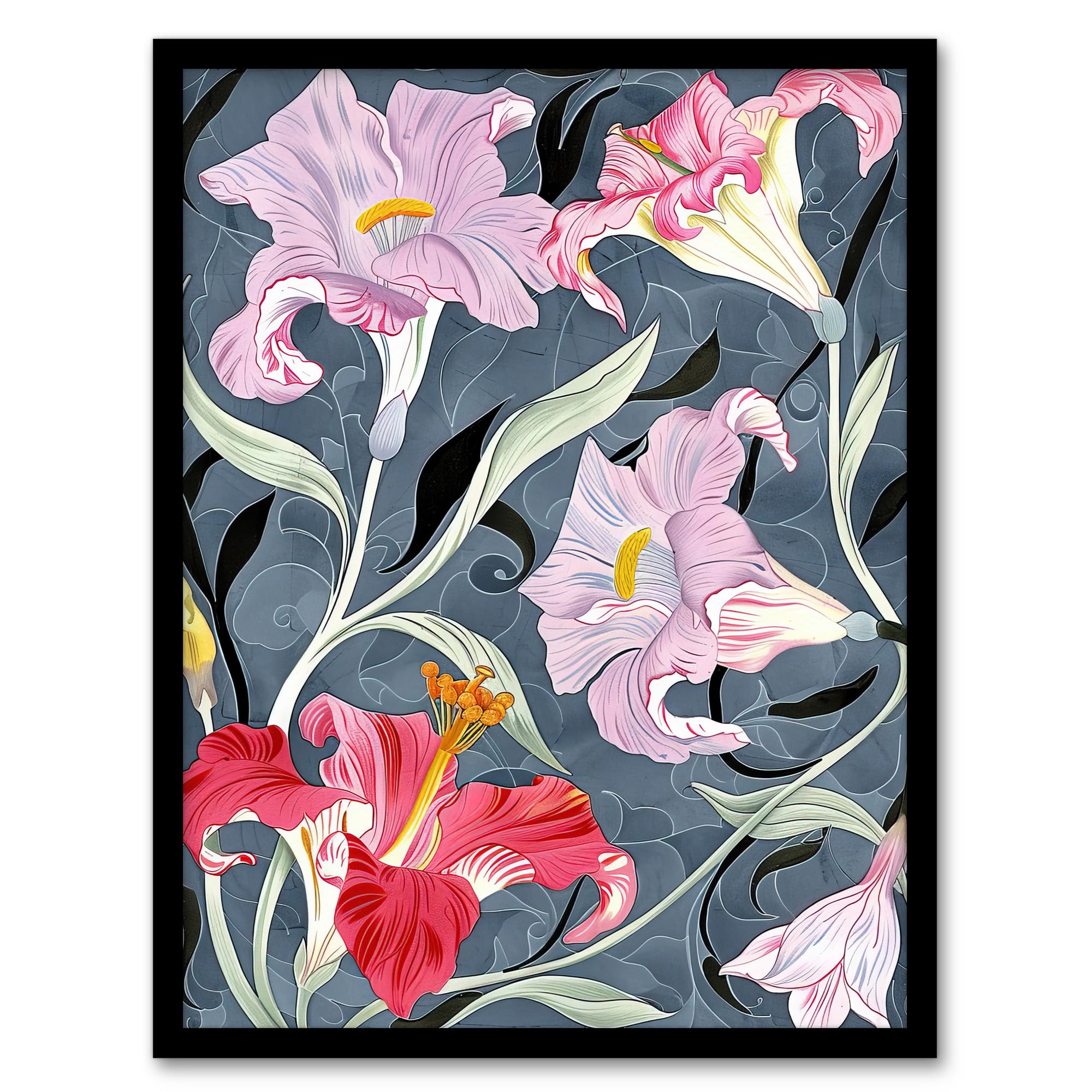 Artery8 Pink Lily Flowers Stylised Detailed Floral Living Room Artwork Framed Wall Art Print A4