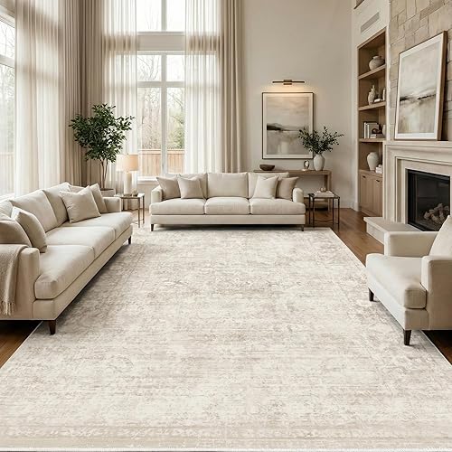 Homemate Washable Rug 9x12 Area Rugs - Vintage Faux Wool Rugs for Living Room Bedroom Dining Room - Non Slip Foldable Carpet Indoor Area Rug for Home Decor（9'x12', Beige