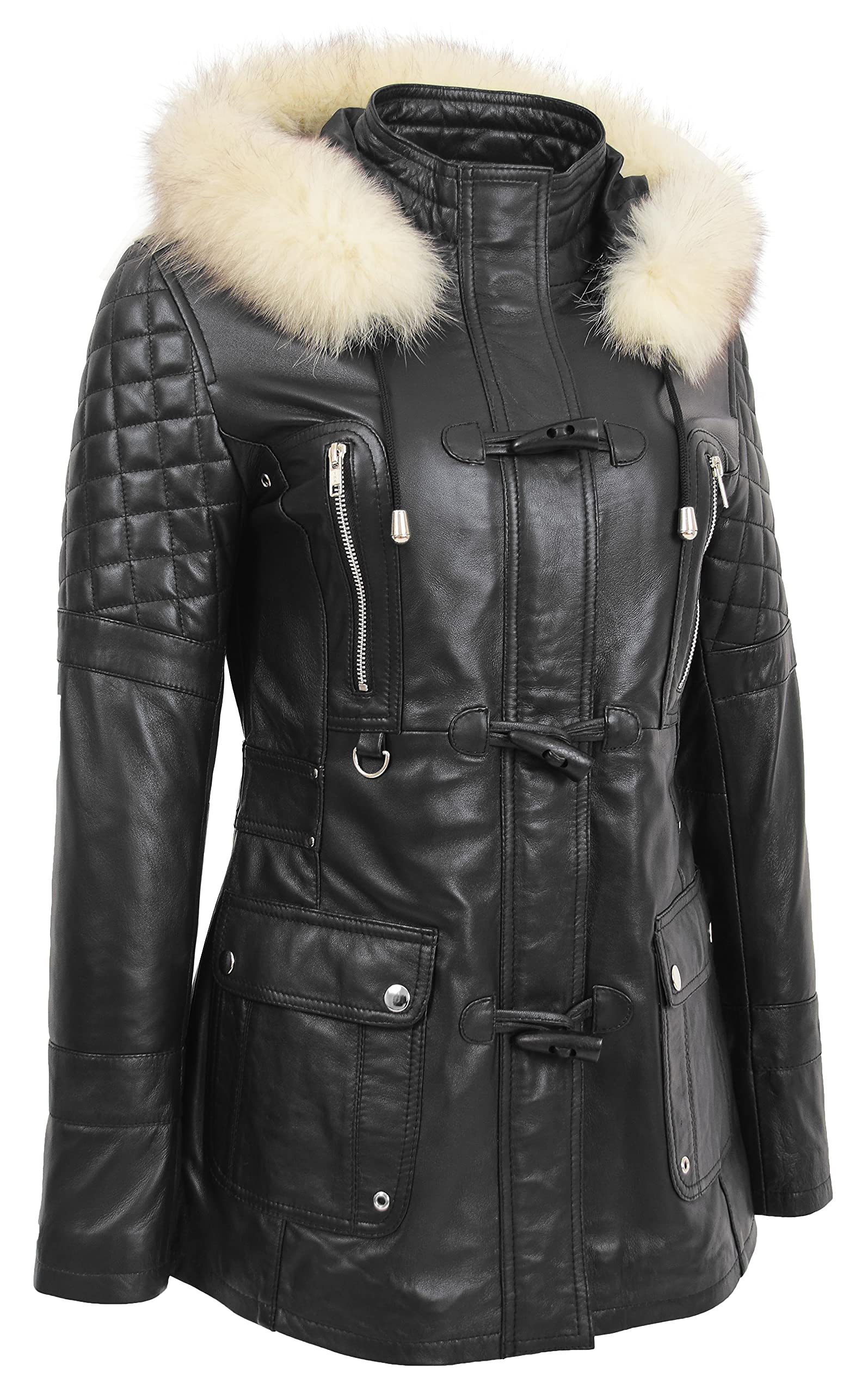 A1 FASHION GOODS Womens Trendy Real Soft Leather Duffle Coat Fitted  Removable Hood Parka Jacket Cory