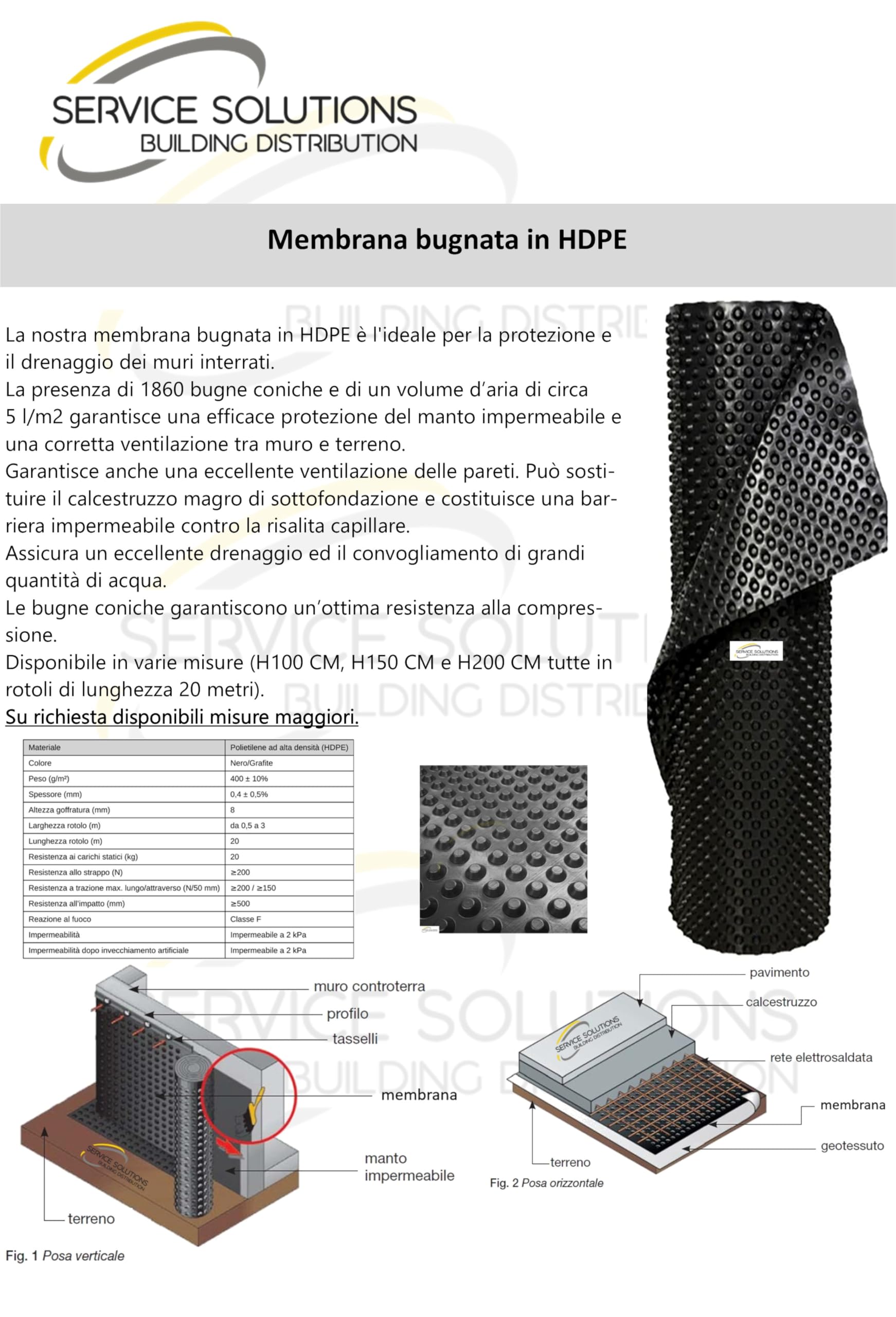 Membrana Bugnata in Polietilene HDPE, Protezione e Drenaggio Muri Interrati, Impermeabilizzazione Fondamenta, Protezione Guaina Fondazioni (H1,50 X 20ML)