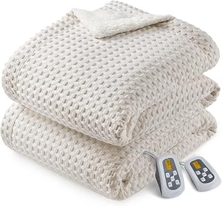 CAROMIO Heated Blanket Queen Size with LCD Dual Controller, Waffle Weave Fast Heating Electric Blankets, 10 Heat Levels & 1-12H Time Settings, ETL Certified, Machine Washable, Beige, 84" x 90"