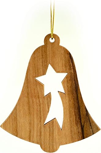 Campana de Navidad y estrella de Navidad, adorno de Navidad de madera de olivo de tierra santa de Israel, decoración colgante de madera para árbol