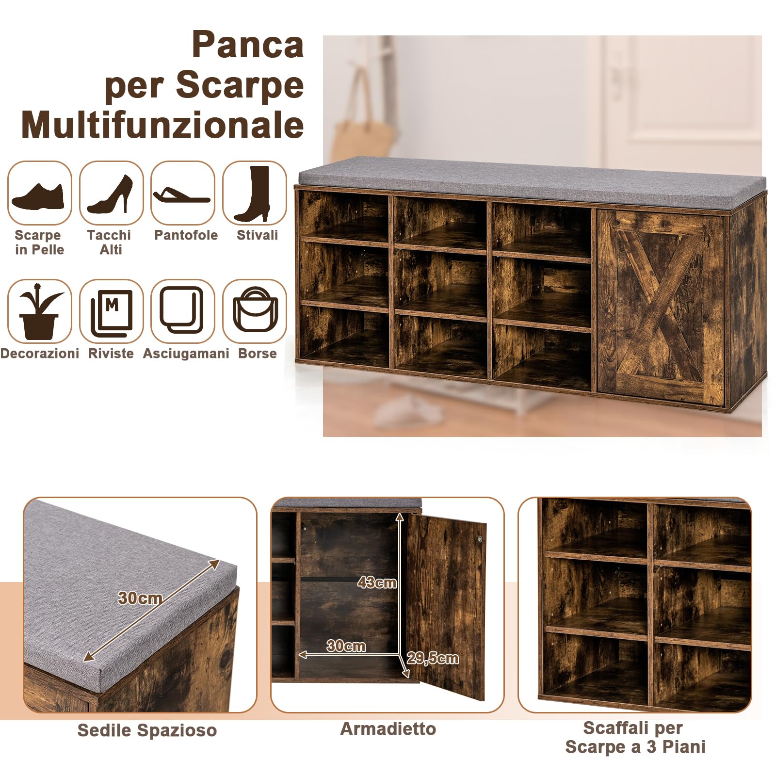 COSTWAY Panca Scarpiera da Ingresso, Scarpiera con Seduta Imbottito, 9 Scomparti e Armadio con Ante, Panca Contenitore con Ripiani Regolabili, per Camera da Letto Corridoio, 110,5x30x49 cm (Marrone)