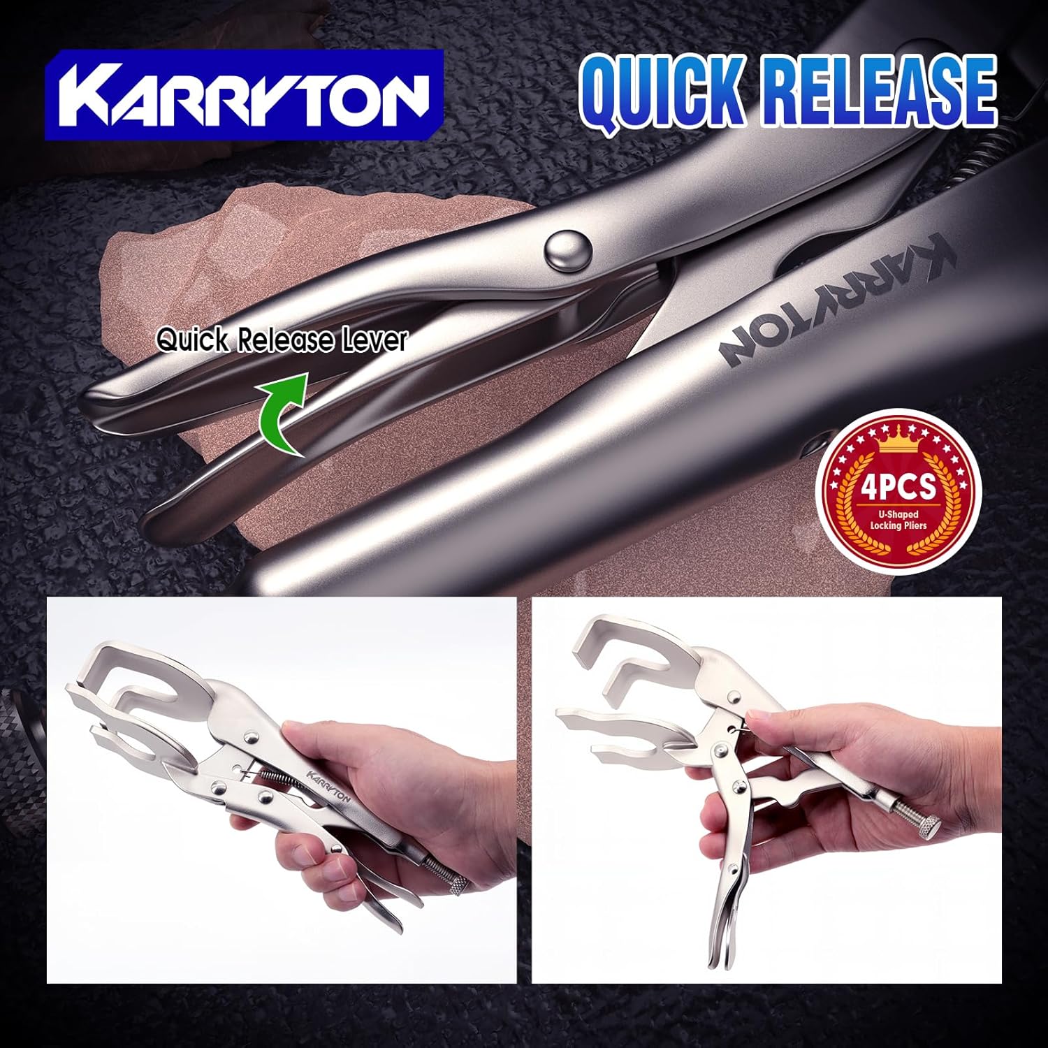 4PCS U-Shaped Locking Pliers, 9 Inch Adjustable Carbon Steel Welding Pliers with Quick Release and Locking Mechanism for Woodworking, Welding & DIY Projects