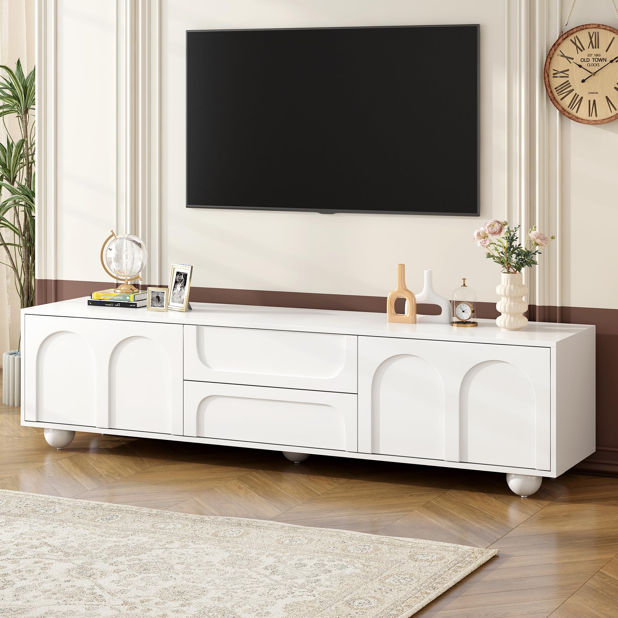 Cream Style TV Stand with Arched Doors & 2 Drawers for TVs up to 75", Minimalist Media Console with Rebound Device, Entertainment Center with 5 Iron Round Legs for Living Room, Bedroom, White