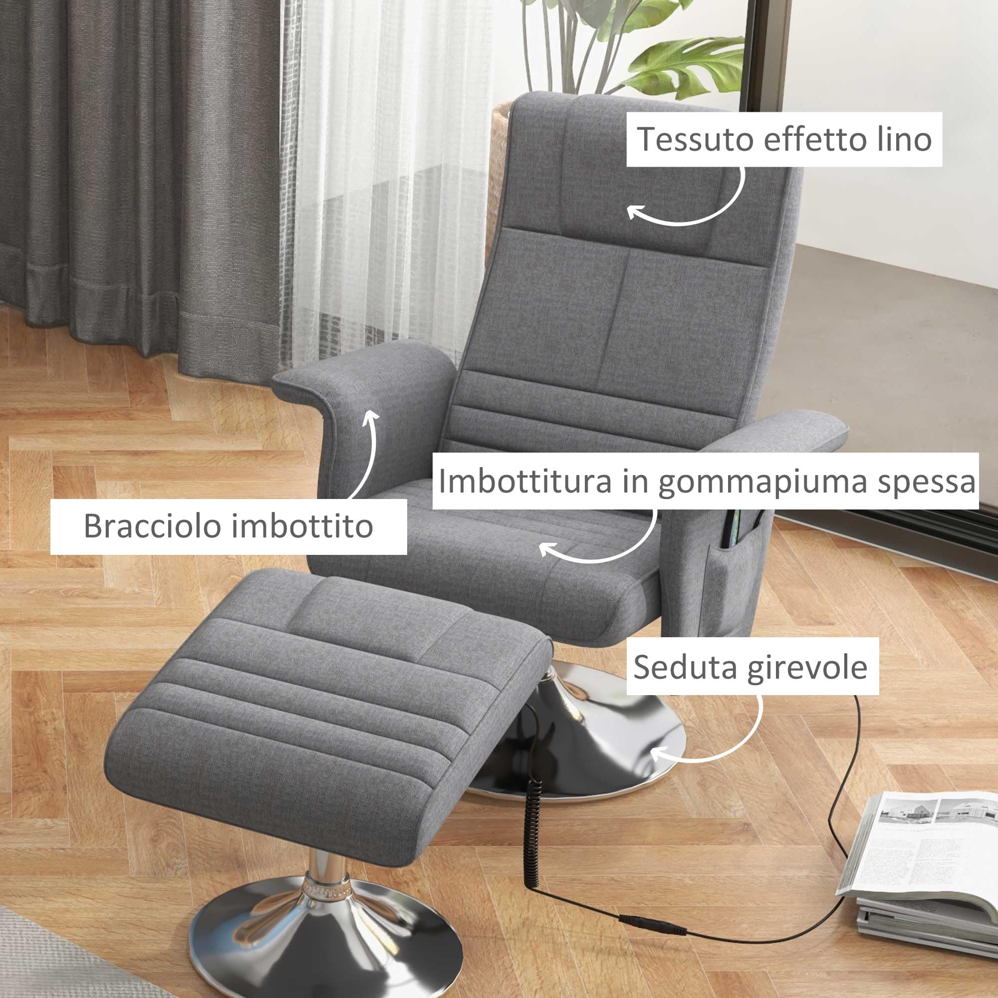 HOMCOM Fauteuil Relax massant avec Pouf, Fauteuil TV avec Fonction Chaise Longue, siège pivotant à 360° Assise rembourrée Confortable, jusqu'à 120 kg, pour Salon, Chambre, Tissu Effet Lin, Gris foncé
