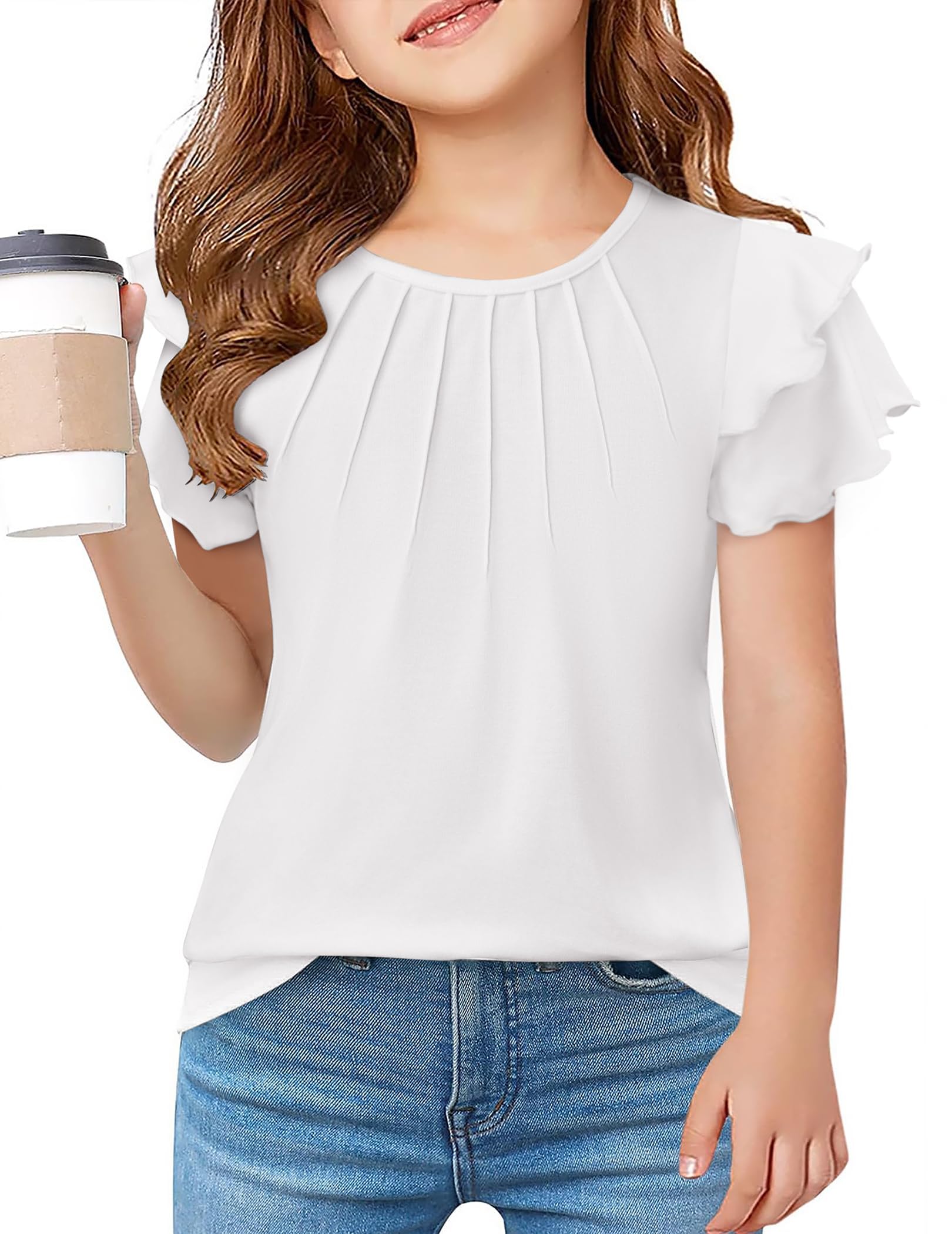 Arshiner Mädchen T-Shirts Sommer Kurzarm Shirt Gewellte Ärmel Plissiertes Oberteil Rundhals Einfarbig Freizeit Mode Shirts Tops für Kinder 3–14 Jahre