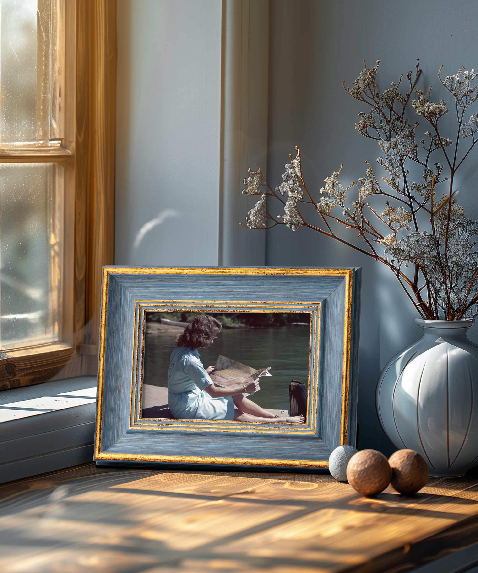 Afuly Vintage fotolijsten, A4 (21 x 29,7 cm) antiek elegant blauw goud fotolijst met wandmontage bureau woondecoratie display familie vrienden verjaardag festival geschenken voor moeder oma vrouwen