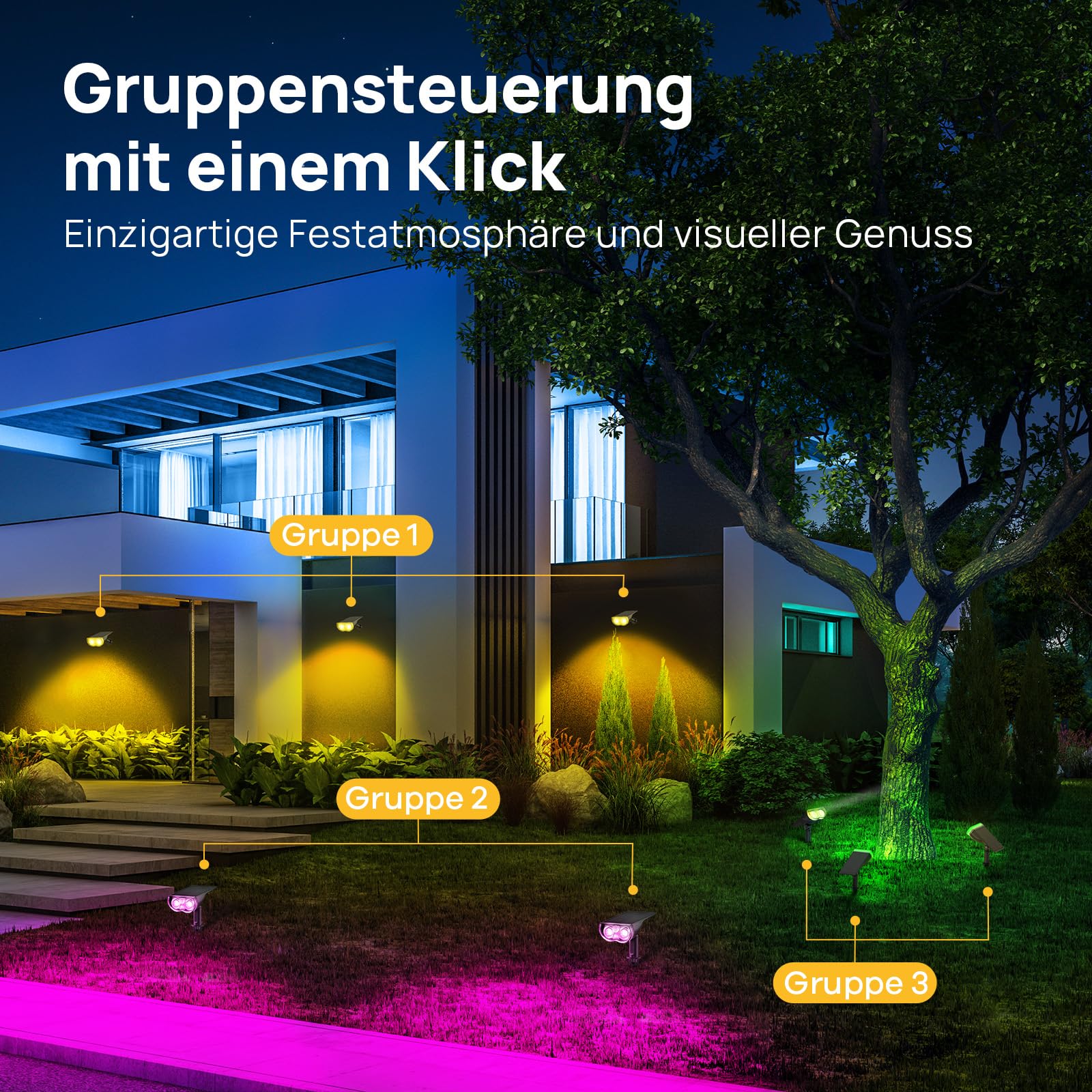Linkind SL5 Smart Solar Gartenstrahler 4er Set, RGBW 16 Mio. Farben IP65 Außenleuchte mit Bewegungsmelder