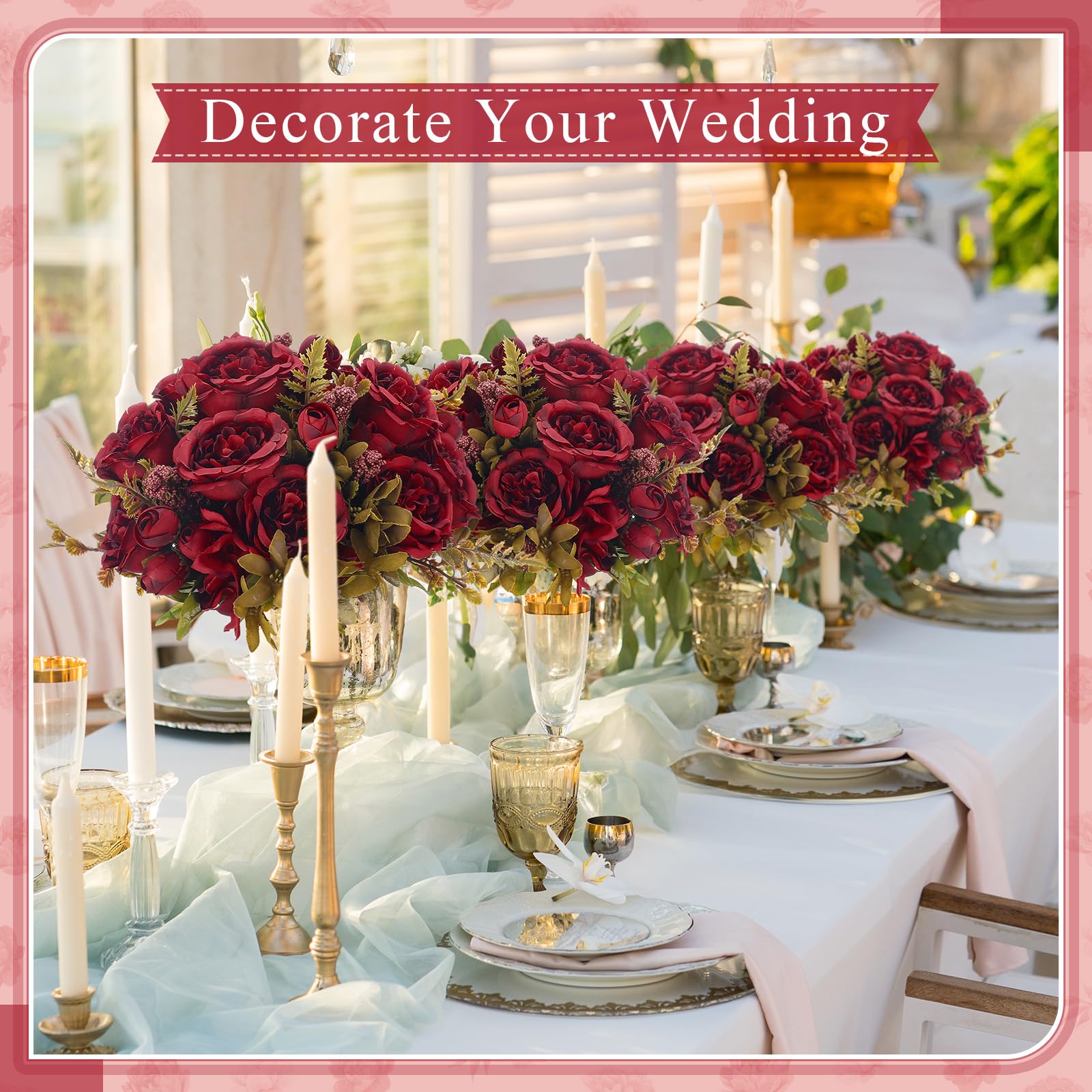 Yunsailing 8 Pack Artificial Peony & Hydrangea Silk Flowers - Dark Pink & Green Bouquet For Wedding, Home, Party Decor - View #2