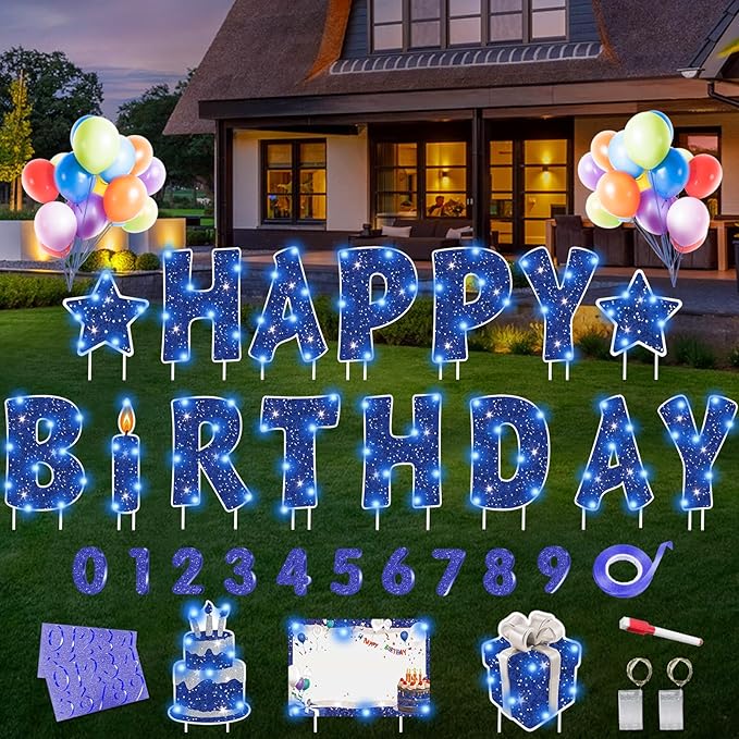 18 Pcs Happy Birthday Yard Sign with 32.8 ft Led Light, 16” Large Size Happy Birthday Yard Sign with Stakes, Weatherproof Personalized Birthday Yard Signs, Outdoor Lawn Garden Party Decoration(Blue)